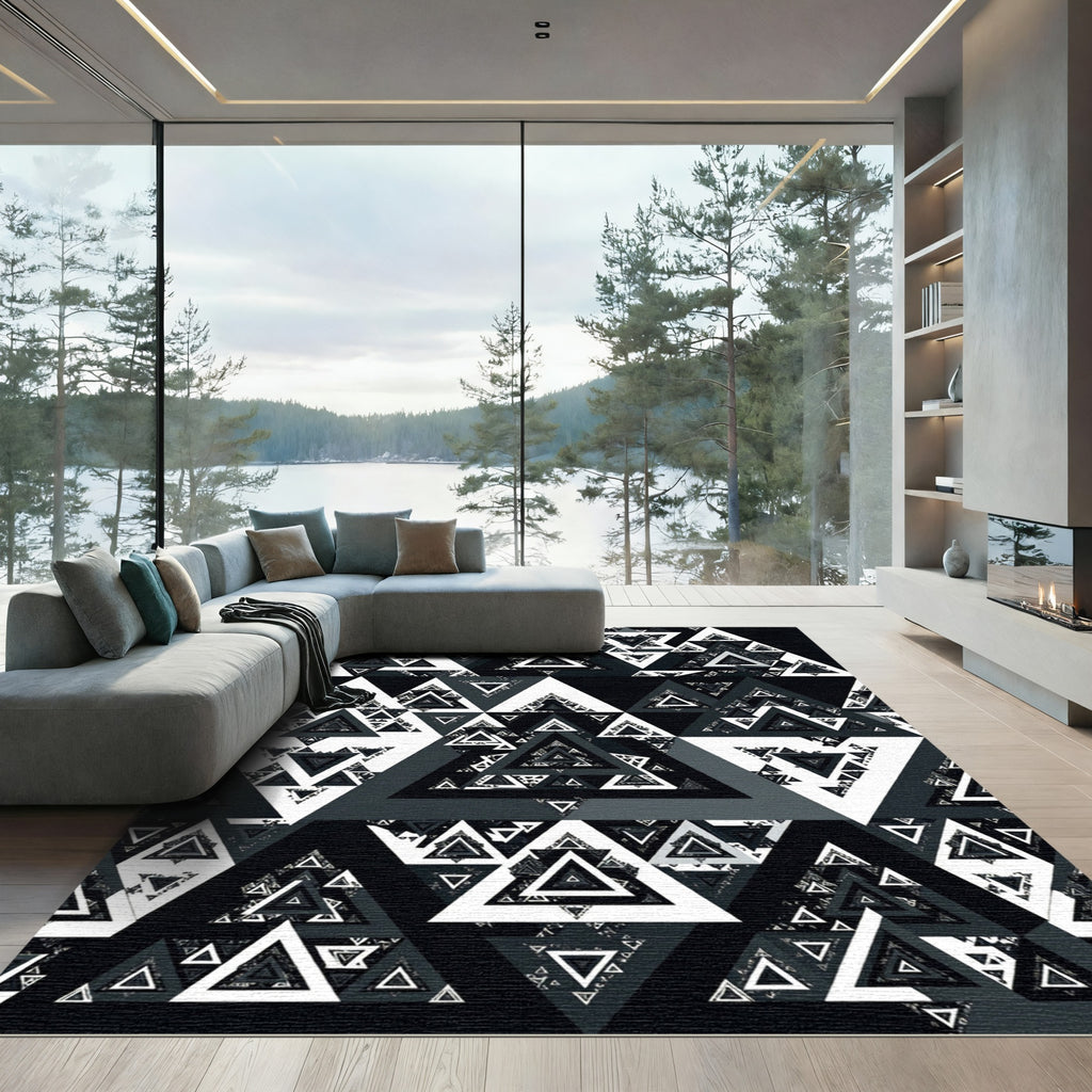 Monochrome Abstract Geometric Triangle Imbrication Rug