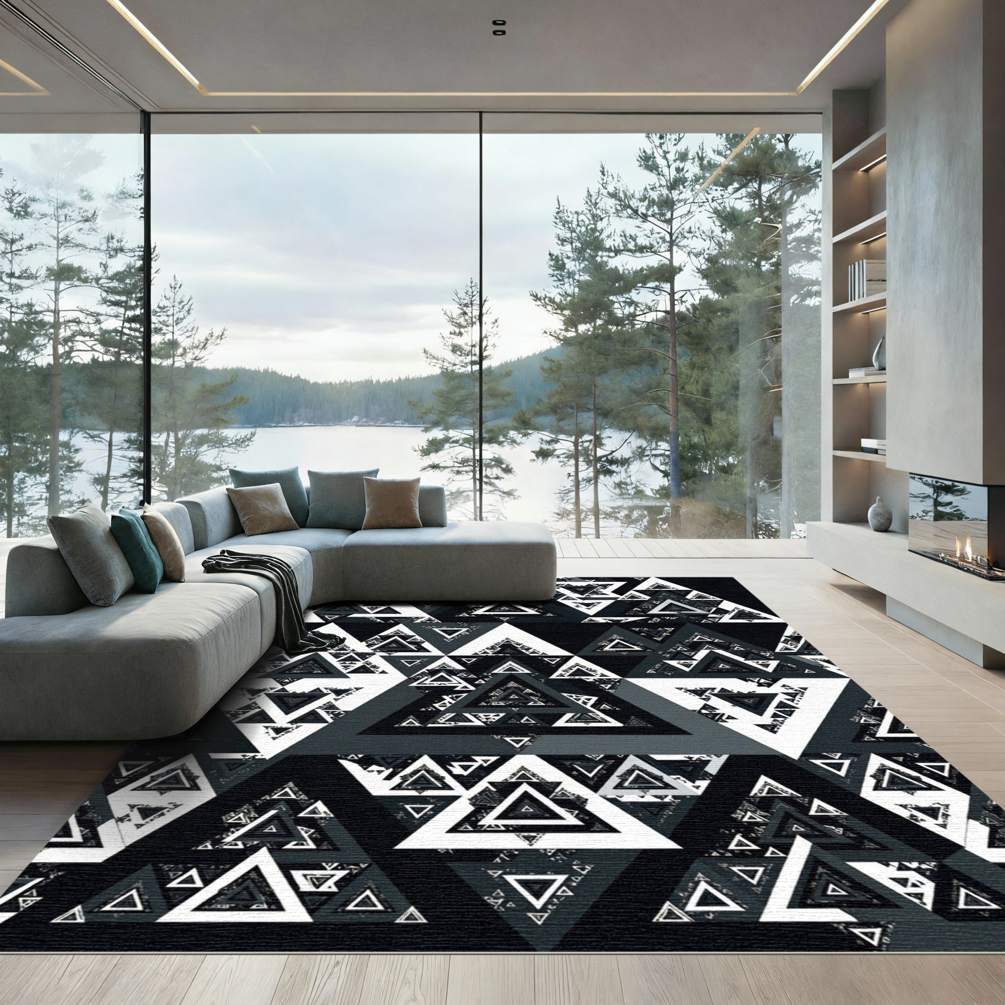 Monochrome Abstract Geometric Triangle Imbrication Rug