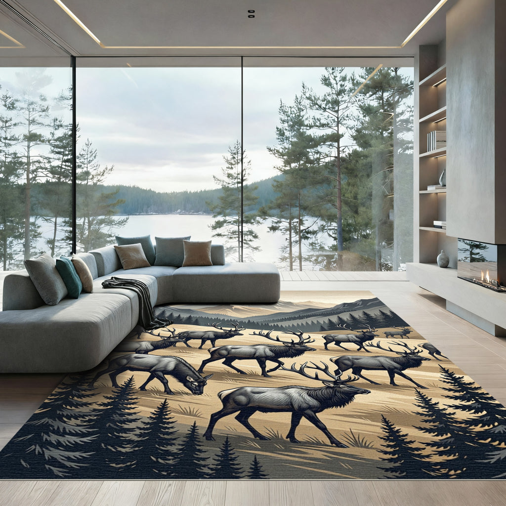 Majestic Elk Herd Mountain Landscape Rug