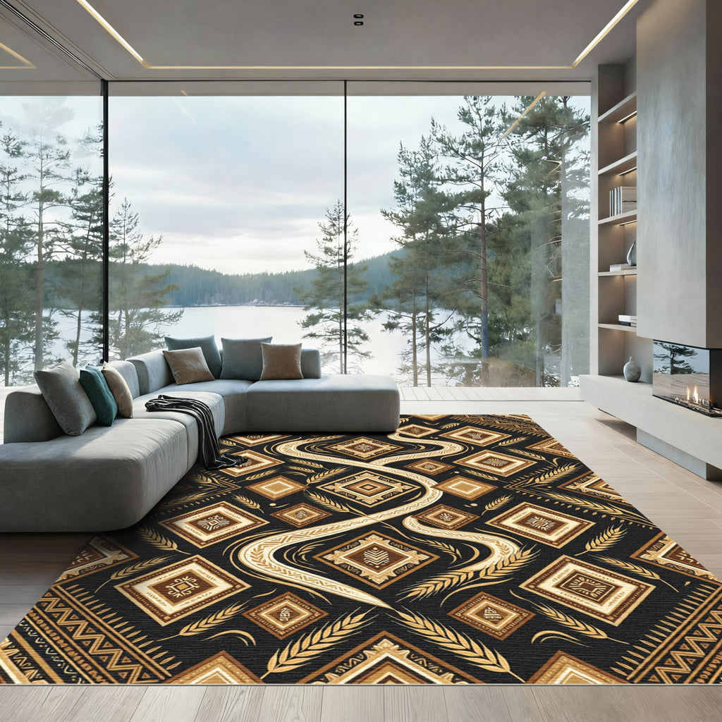 Earthy Gold Geometric Wheat Swirl Rug