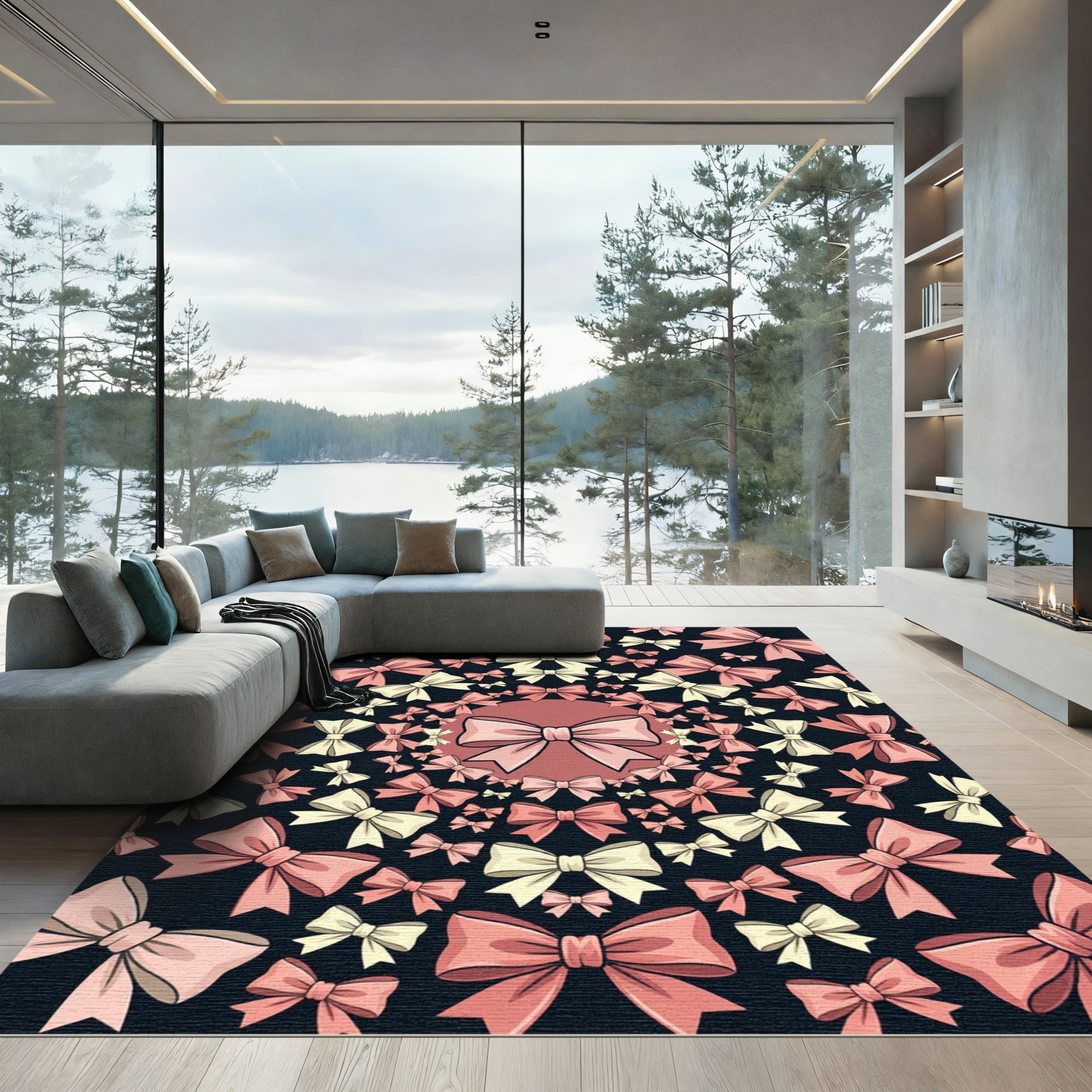 Elegant Blush Bow Kaleidoscope Art Rug