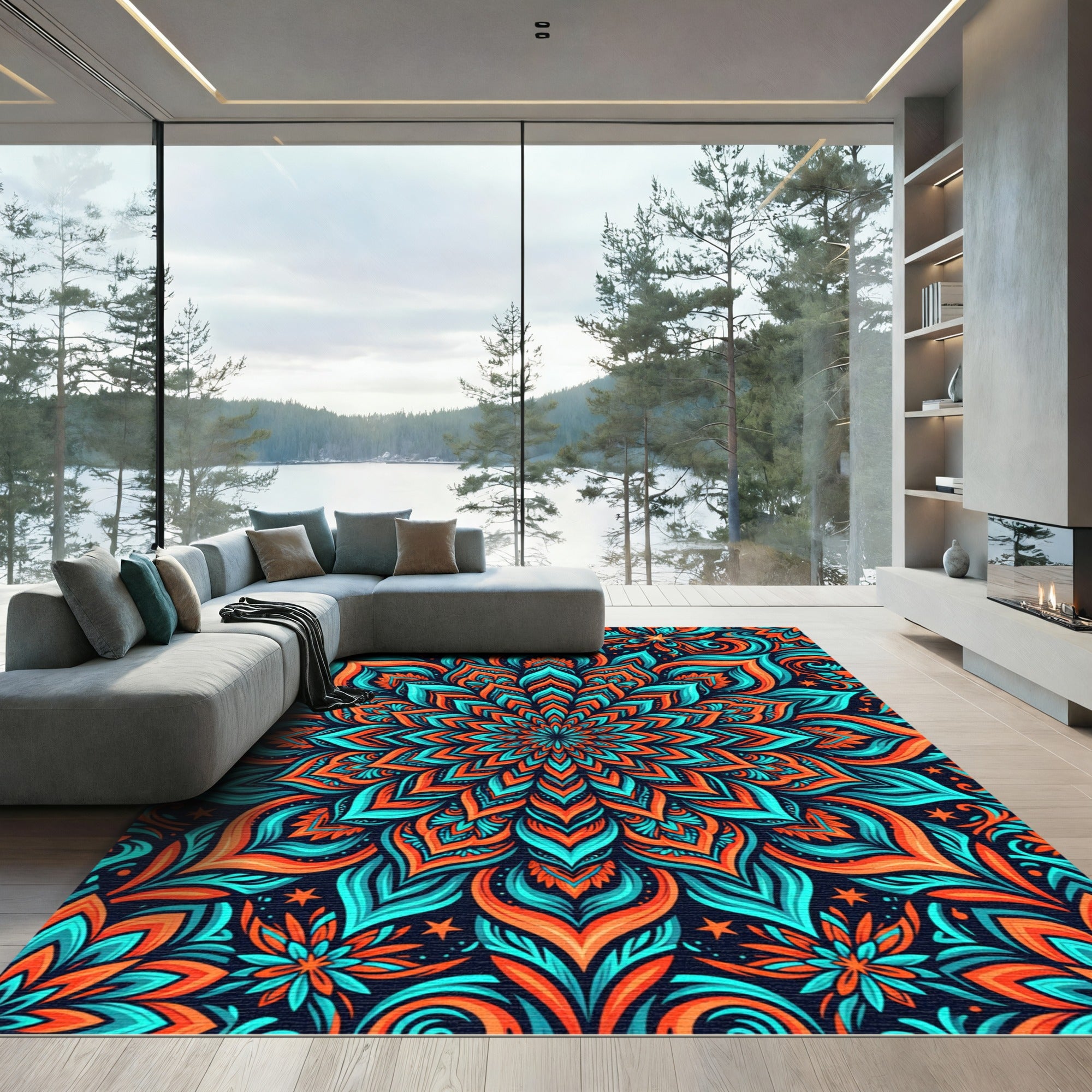 Vibrant Teal Orange Mandala Bloom Rug