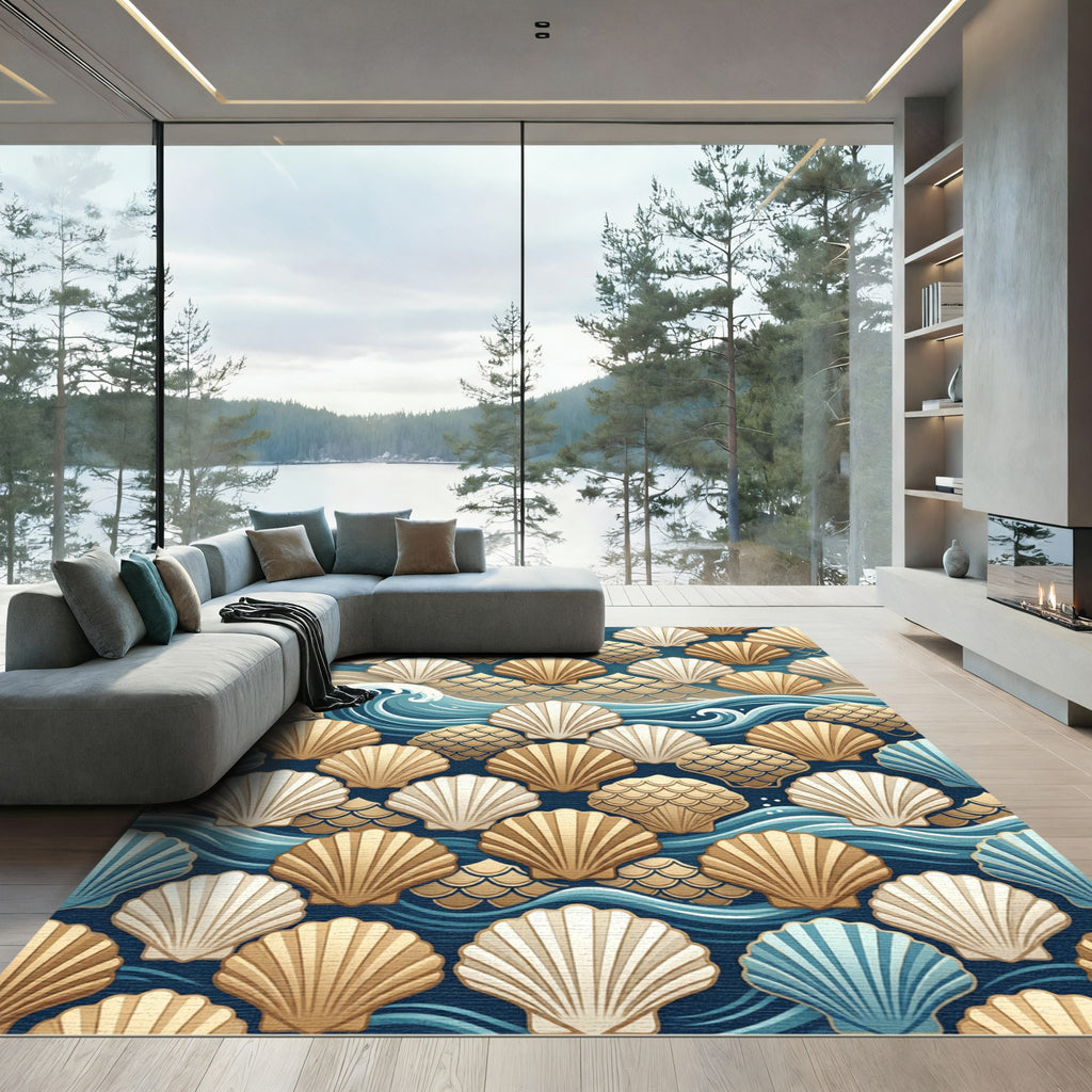 Golden Seashell Wave Nautical Coastal Art Rug