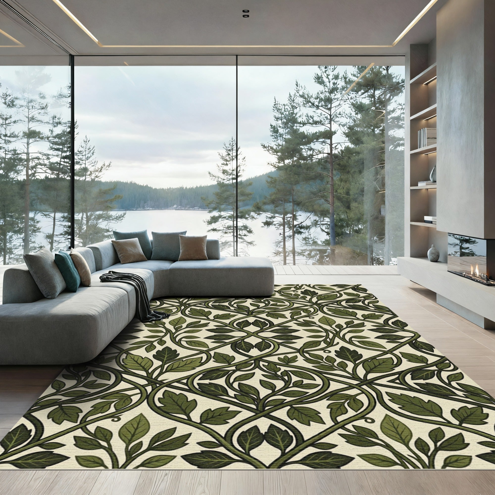 Elegant Olive Green Intertwined Leaf Vine Rug