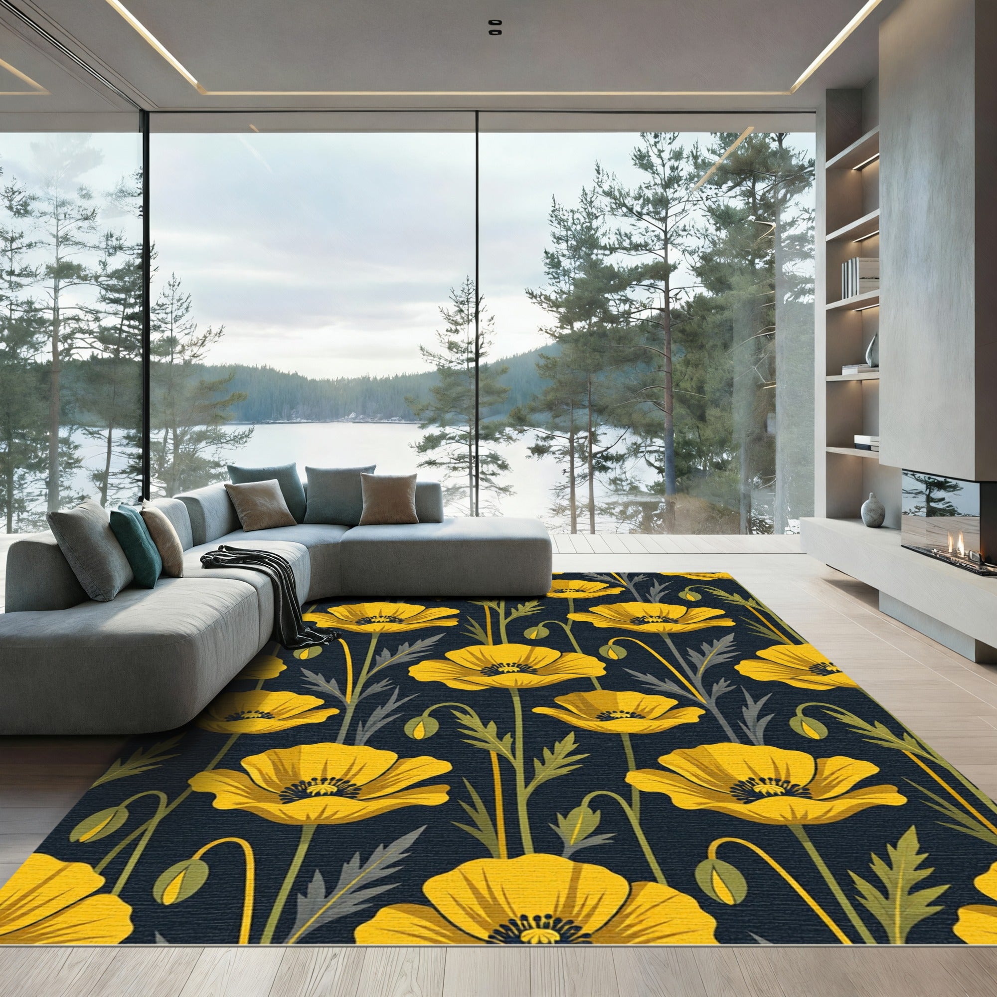 Golden Poppy Botanical Navy Floral Rug