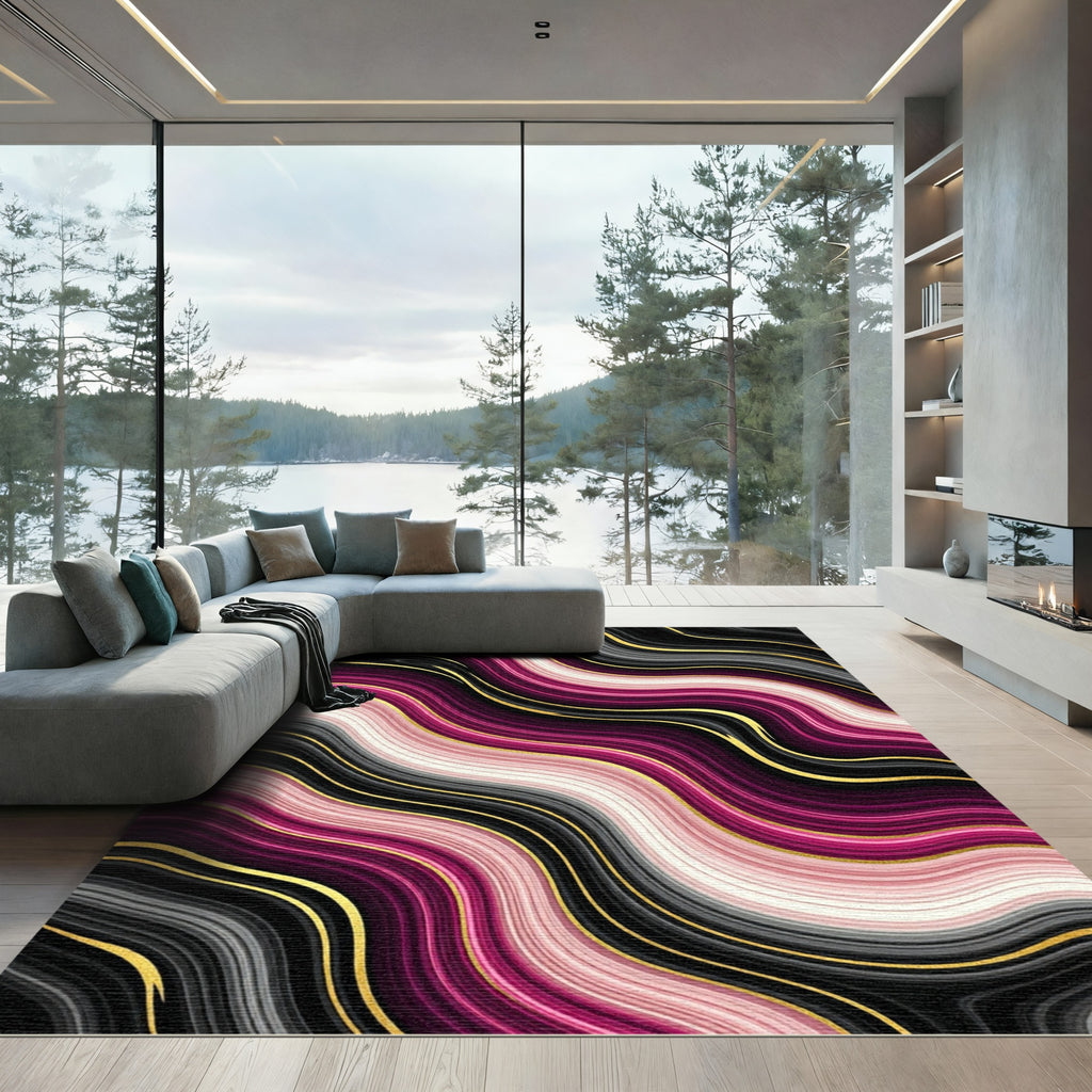 Fuchsia Pink Gold Agate Waves Rug