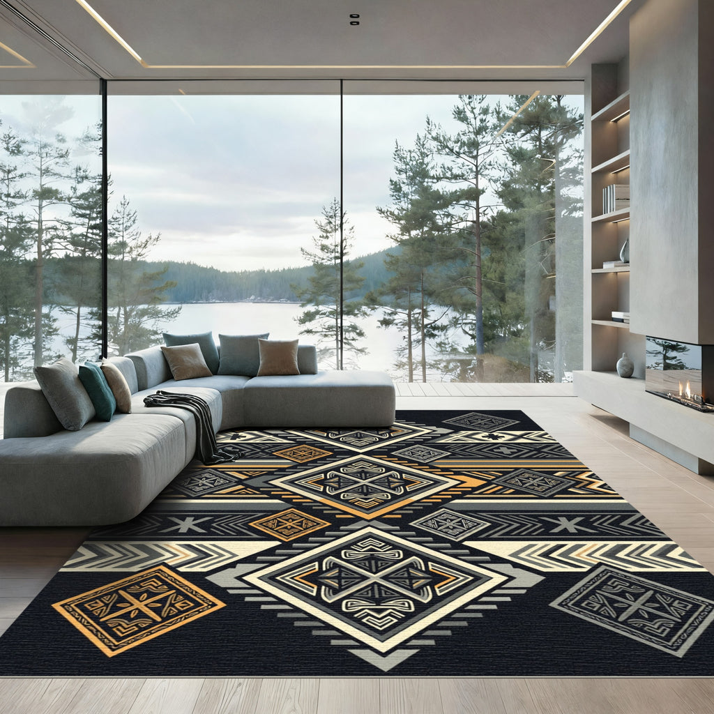 Geometric Golden Grey Aztec Diamond Rug