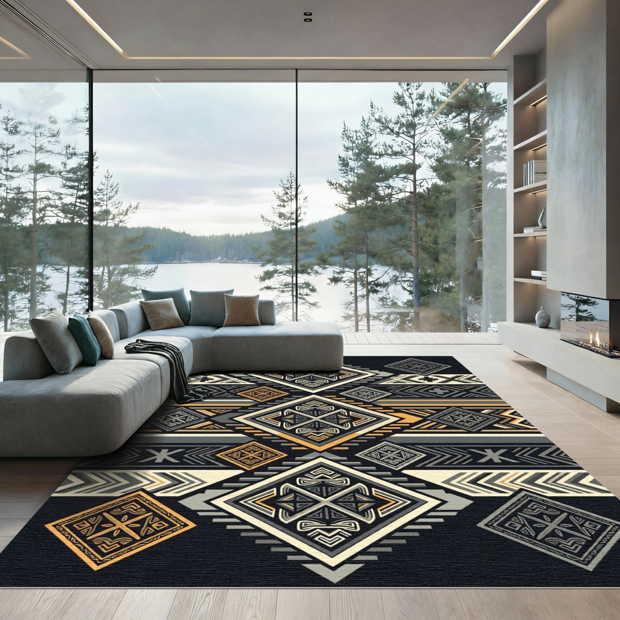 Geometric Golden Grey Aztec Diamond Rug