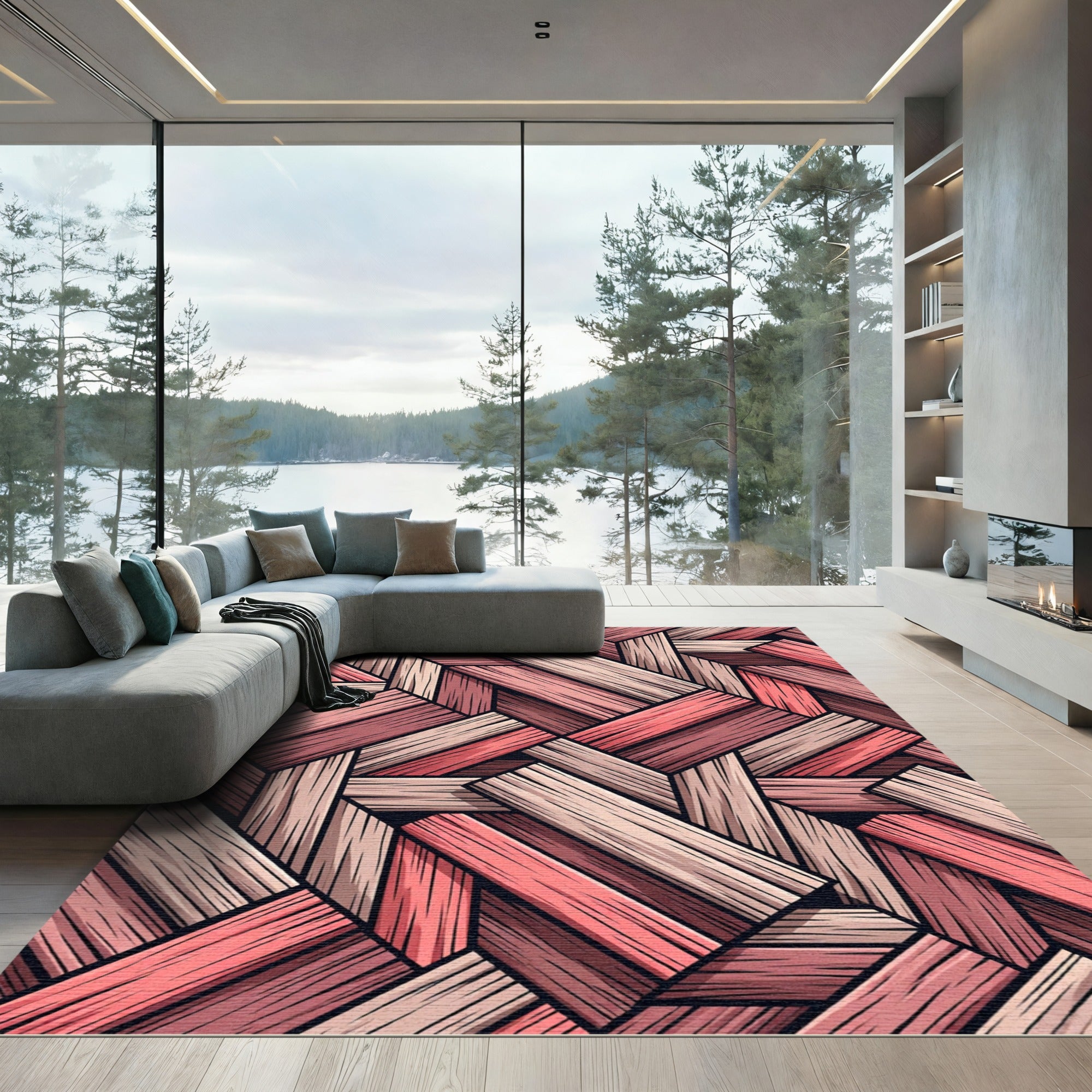 Coral Wood Plank Parquet Rug