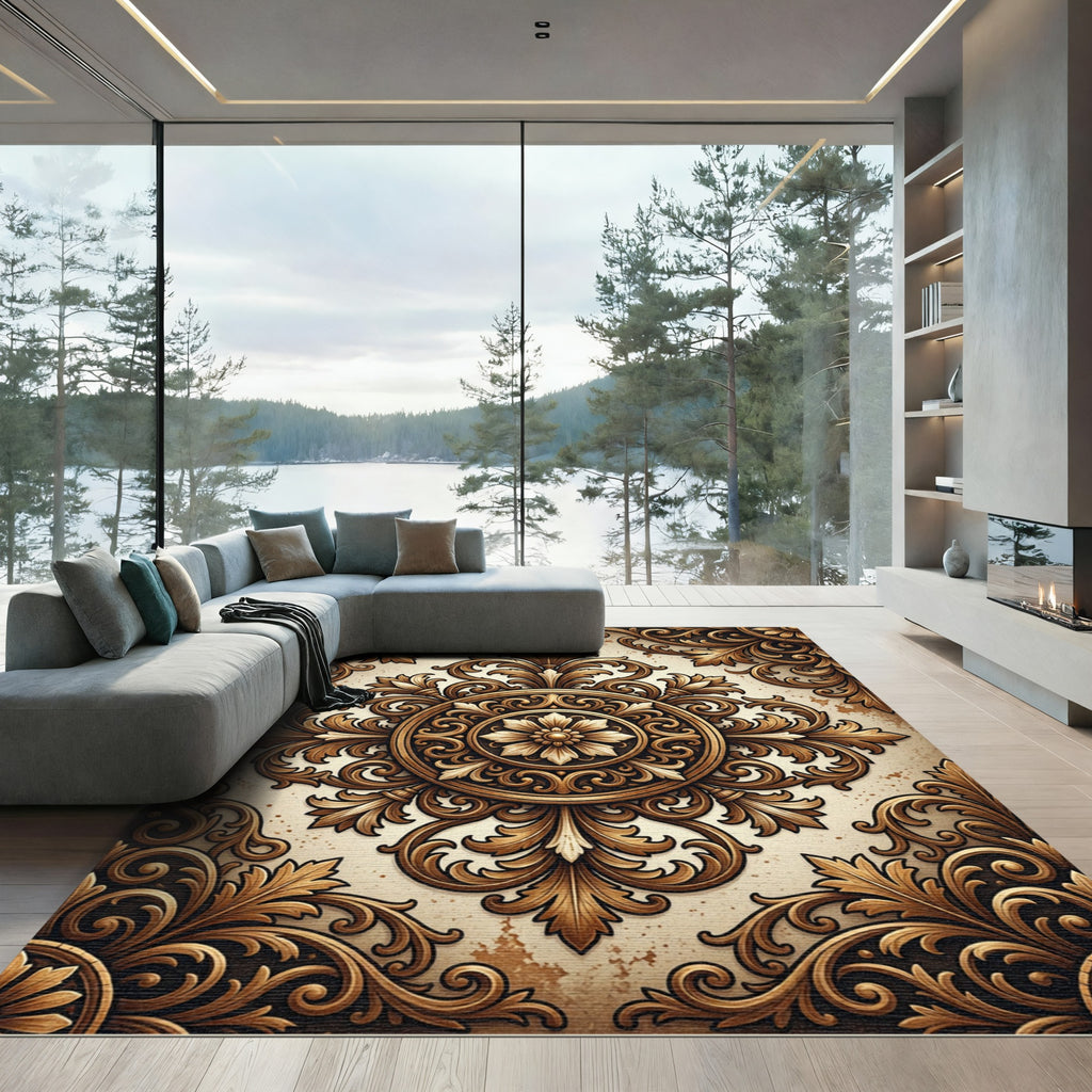 Ornate Antique Gold Filigree Medallion Rug