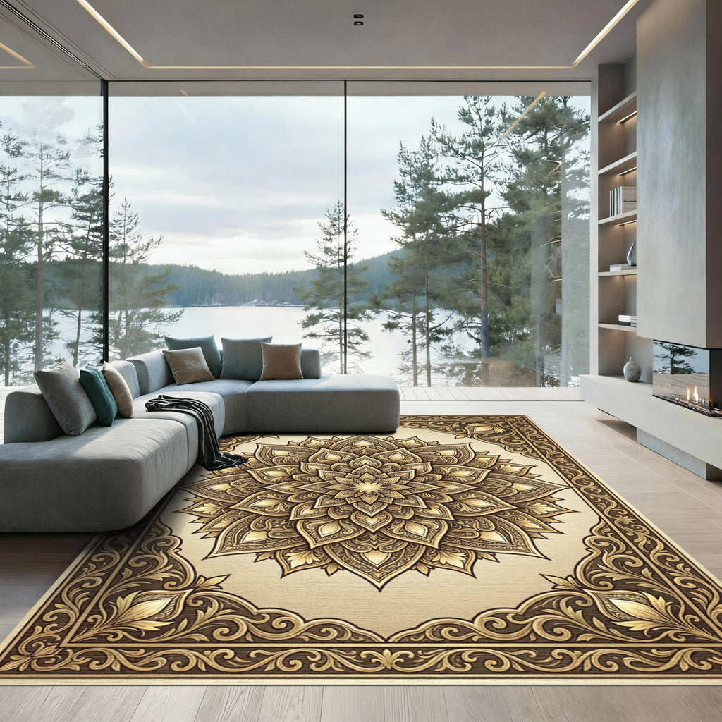 Ornate Golden Floral Medallion Rug