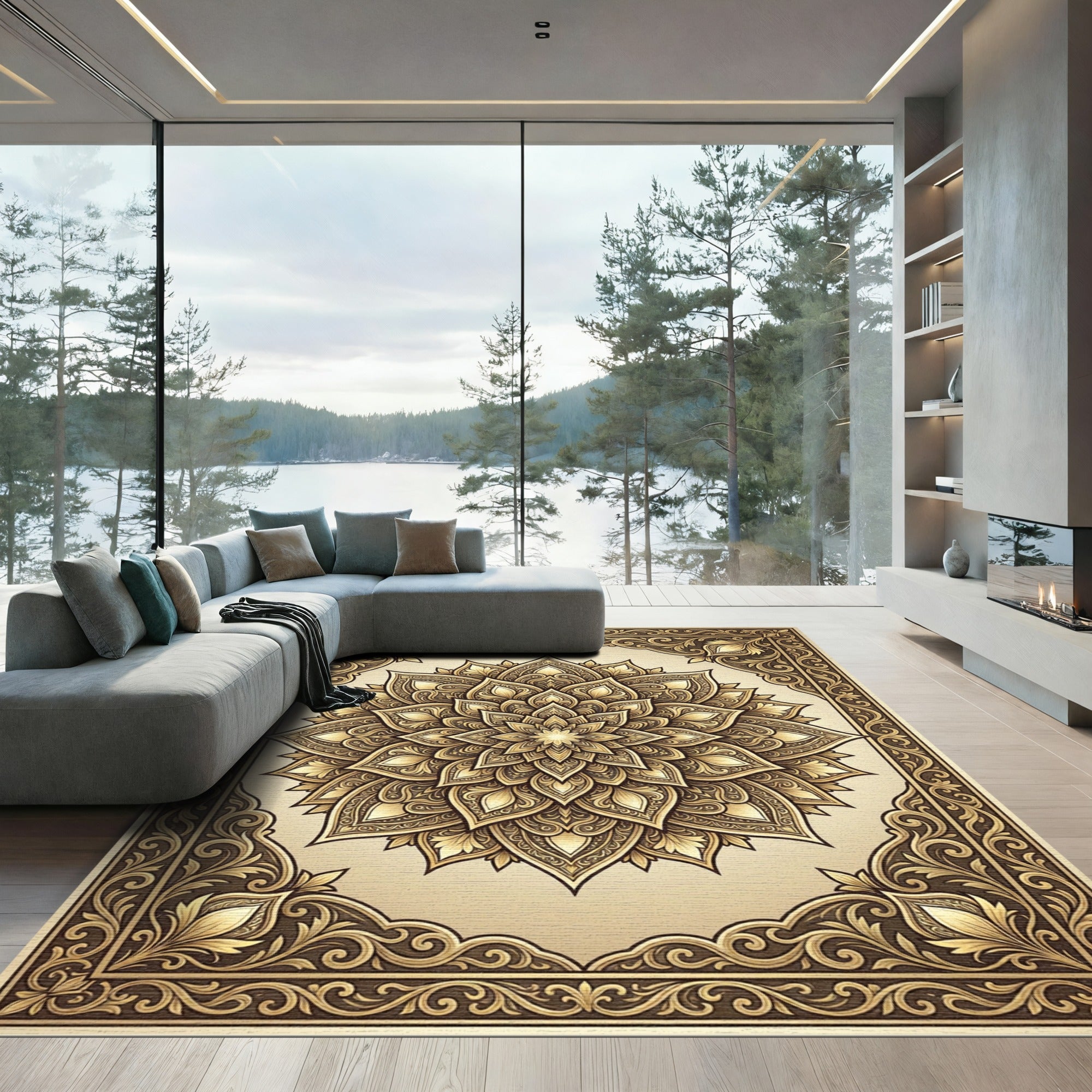 Ornate Golden Floral Medallion Rug
