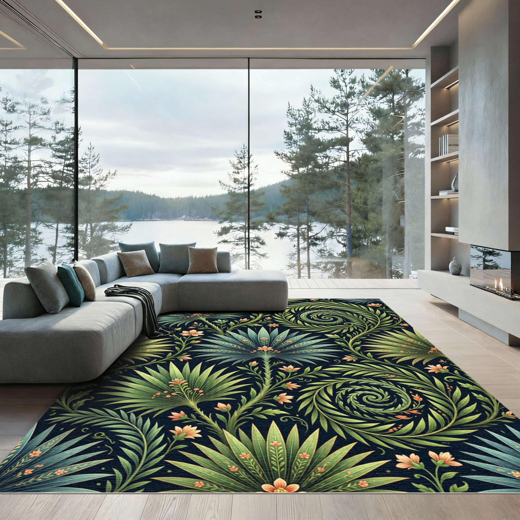 Lush Green Tropical Foliage Swirl Rug