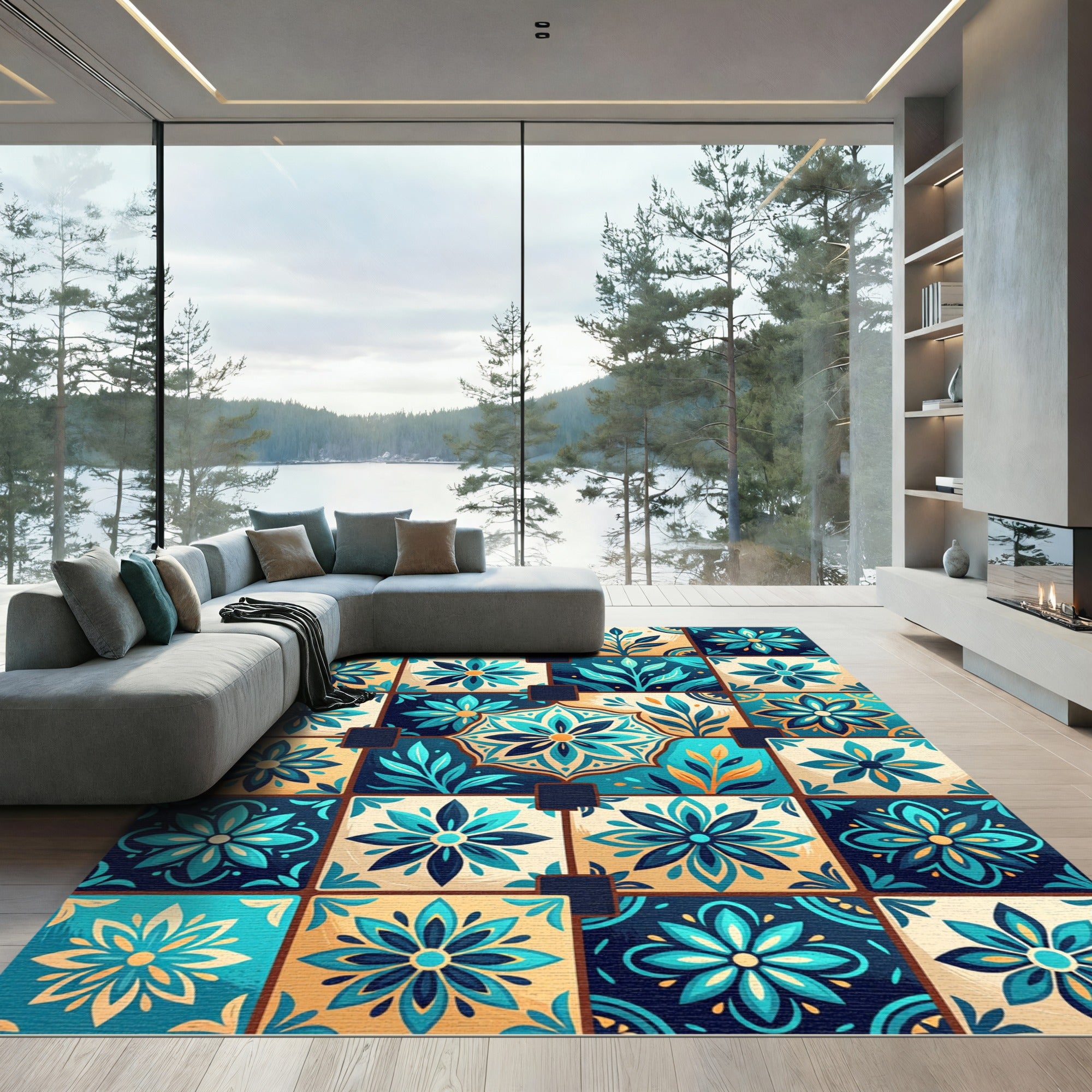 Coastal Teal Floral Medallion Tile Rug