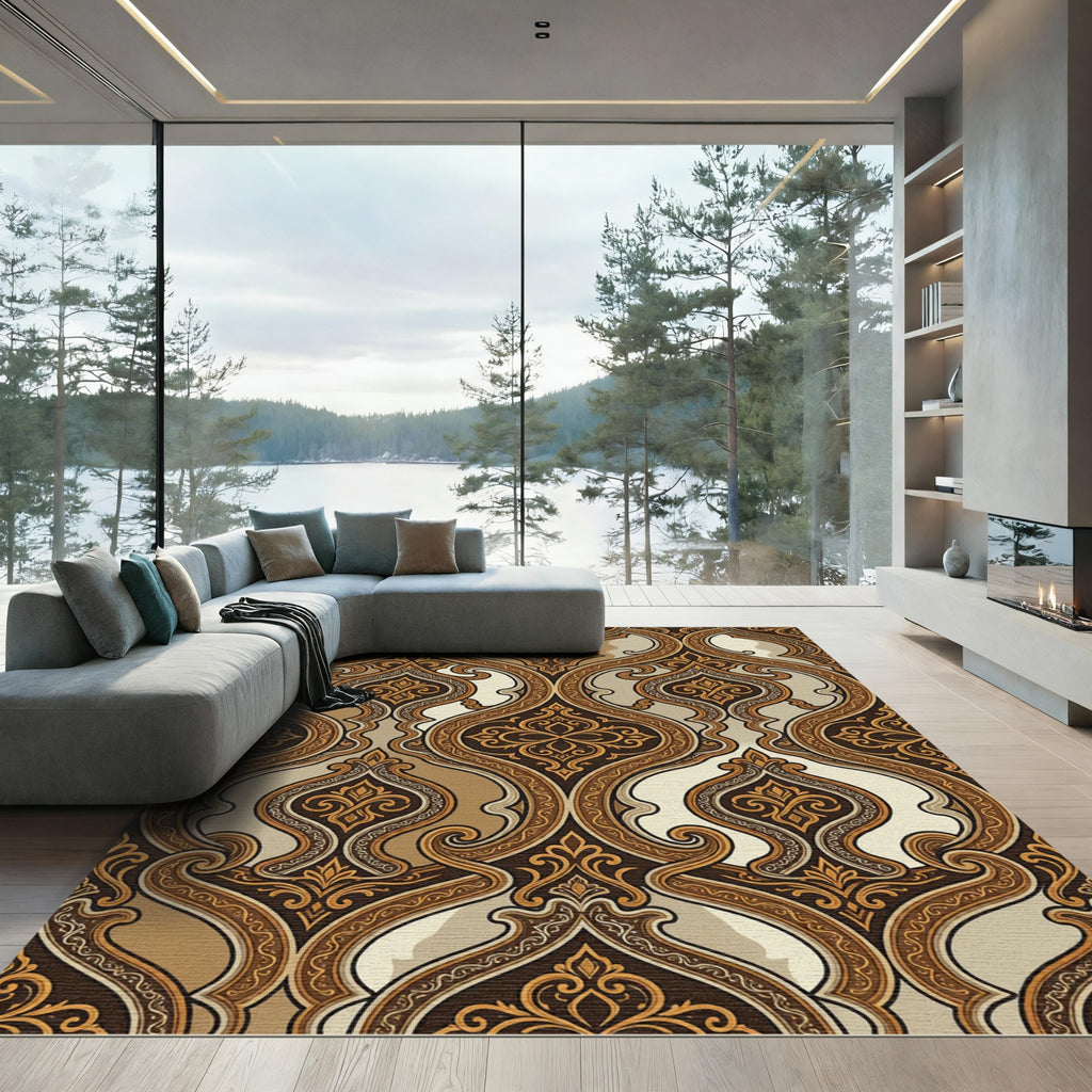 Elegant Bronze Damask Scroll Medallion Rug