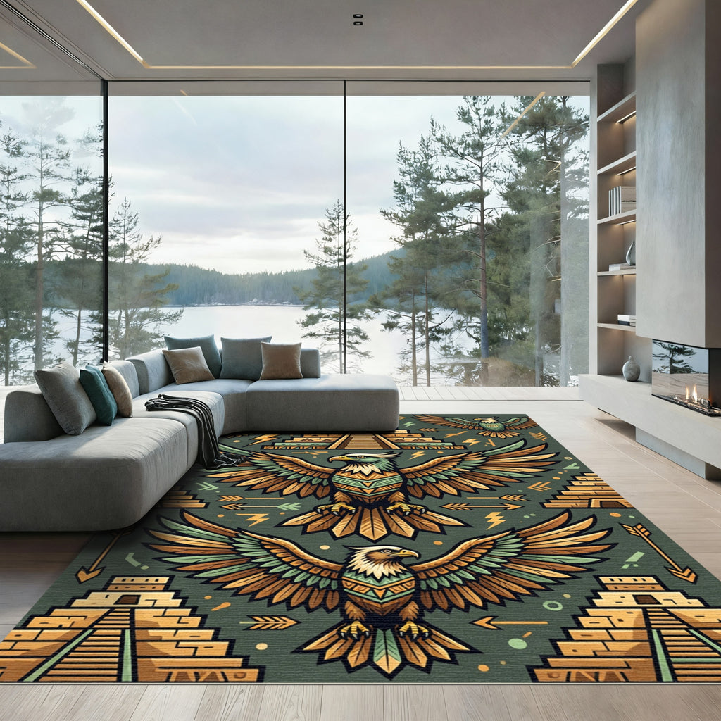 Golden Eagle Aztec Pyramid Green Rug