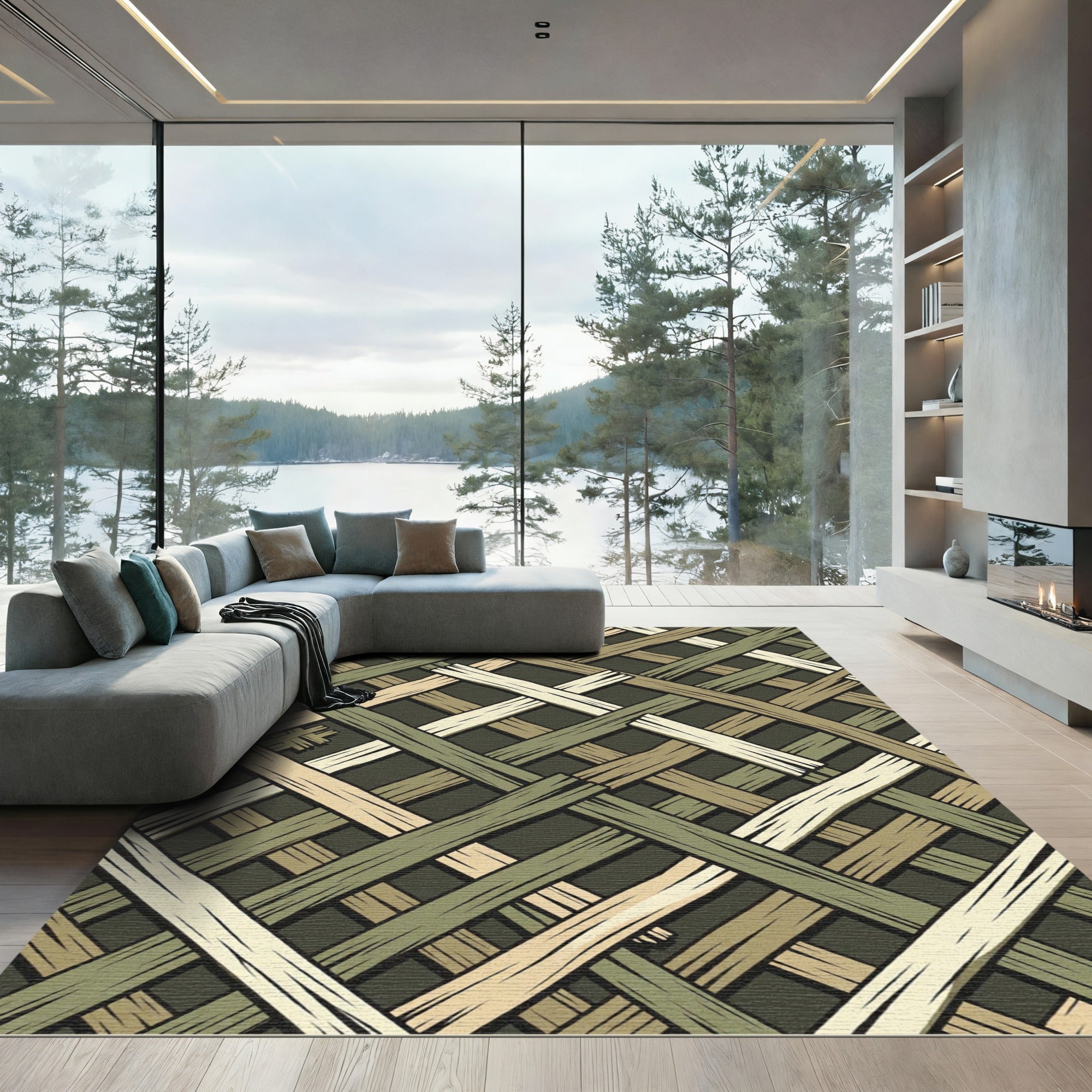 Layered Sage Olive and Cream Woven Grid Rug