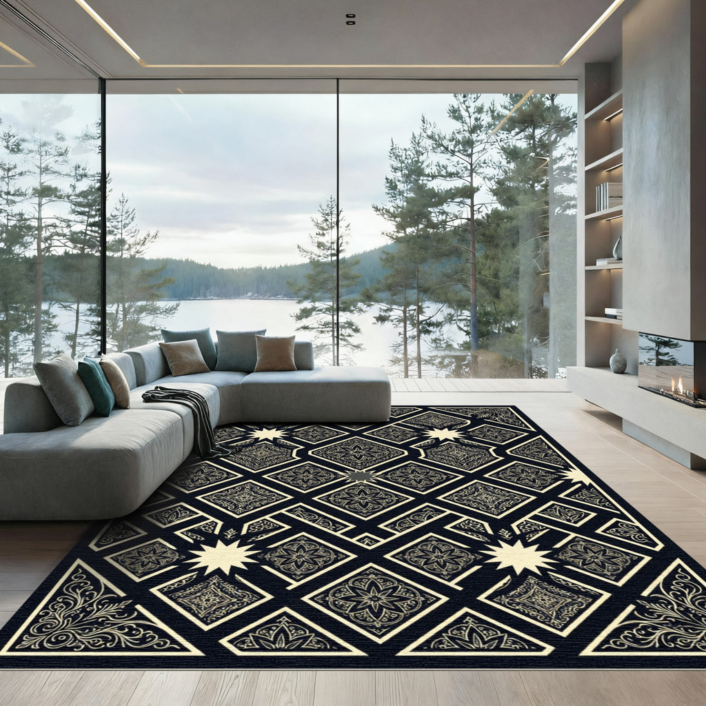 Black Golden Intricate Geometric Star Rug