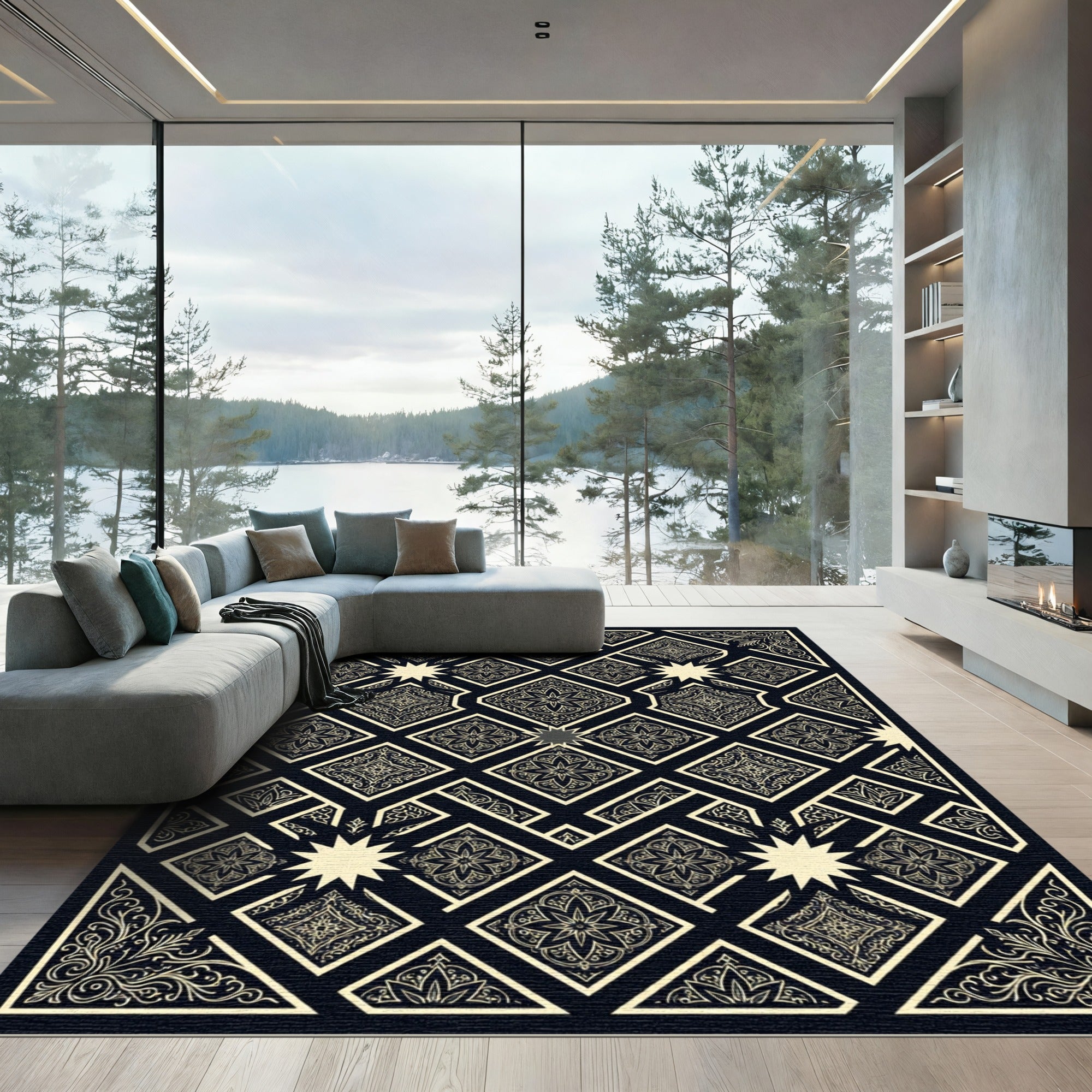 Black Golden Intricate Geometric Star Rug