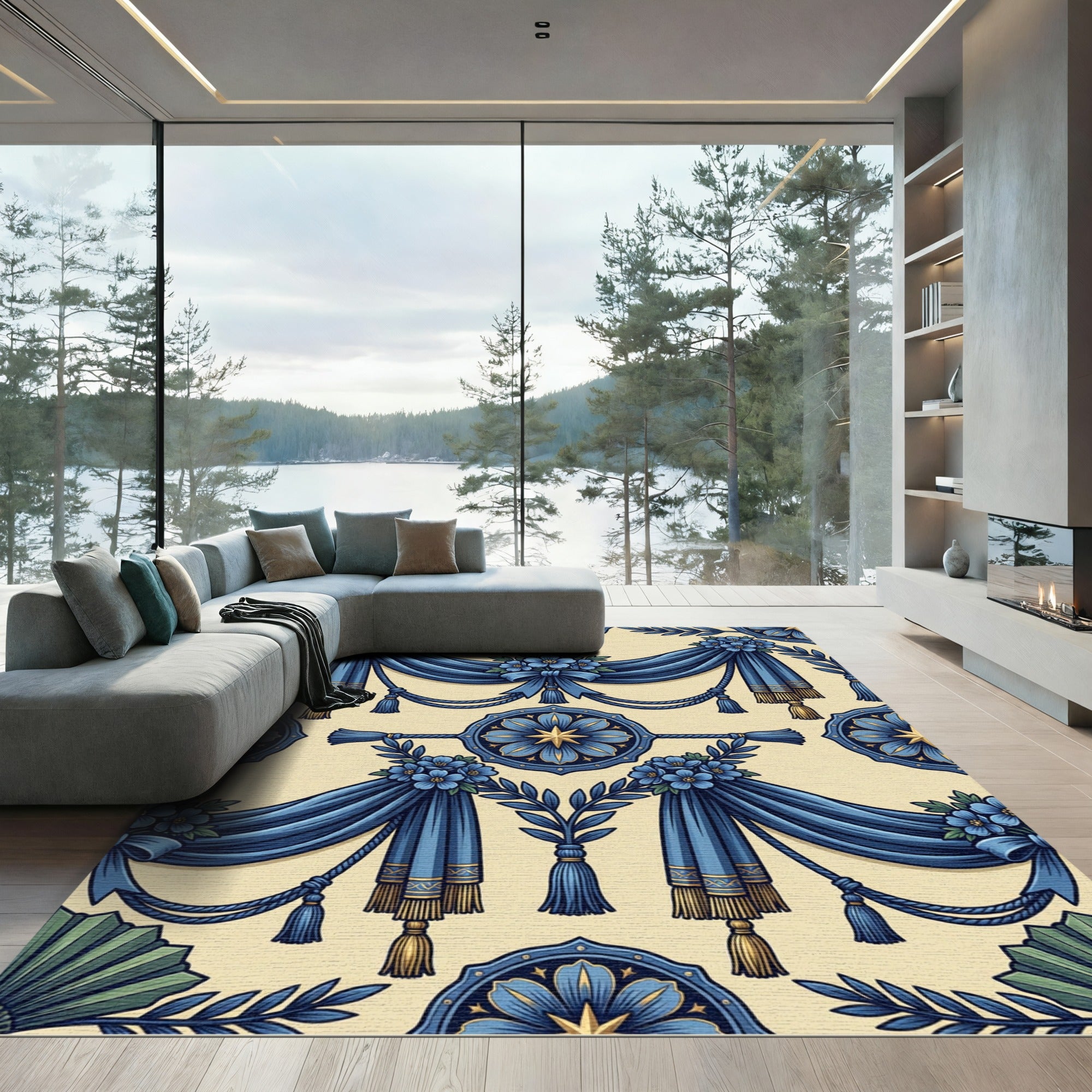 Regal Blue Floral Swag Tassel Medallion Rug