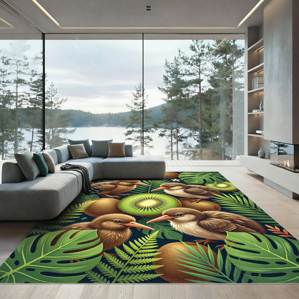 Tropical Kiwi Bird and Fern Foliage Rug