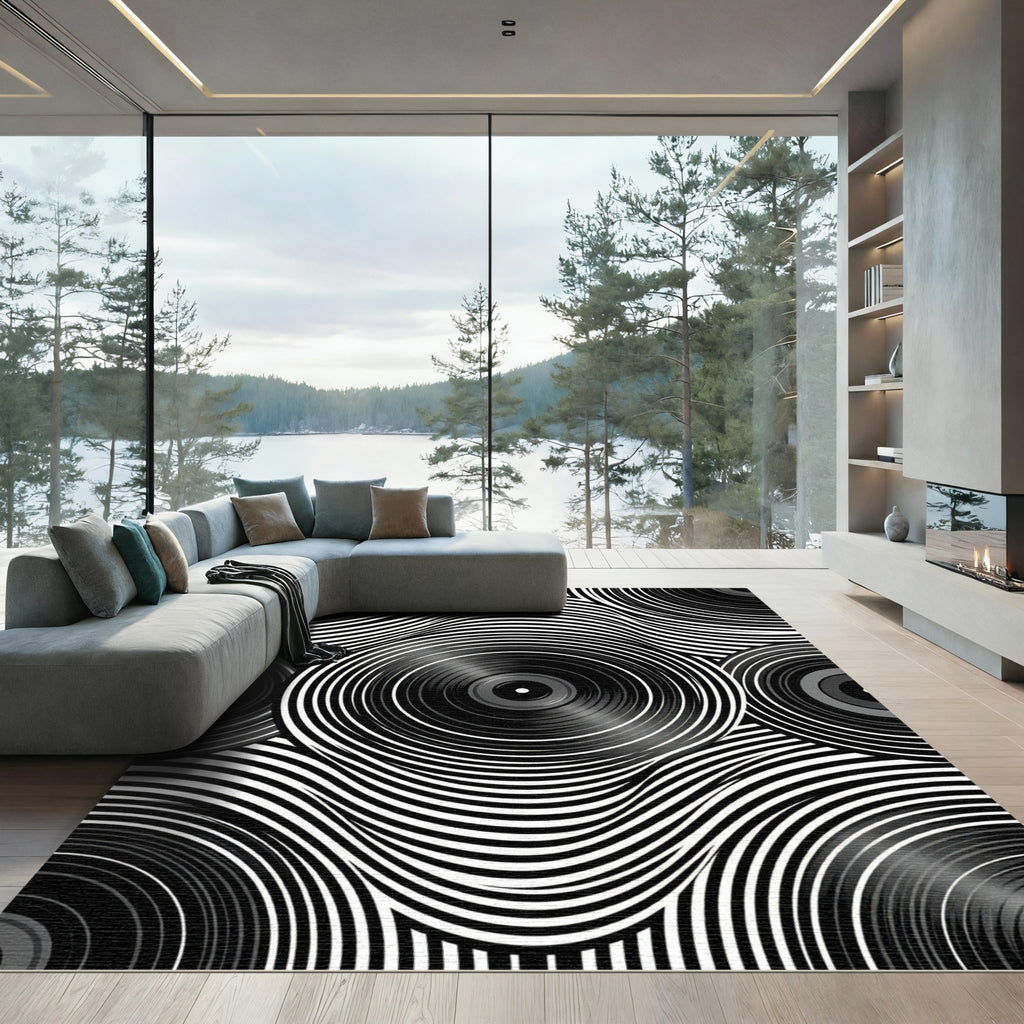 Monochrome Abstract Vinyl Record Ripple Rug