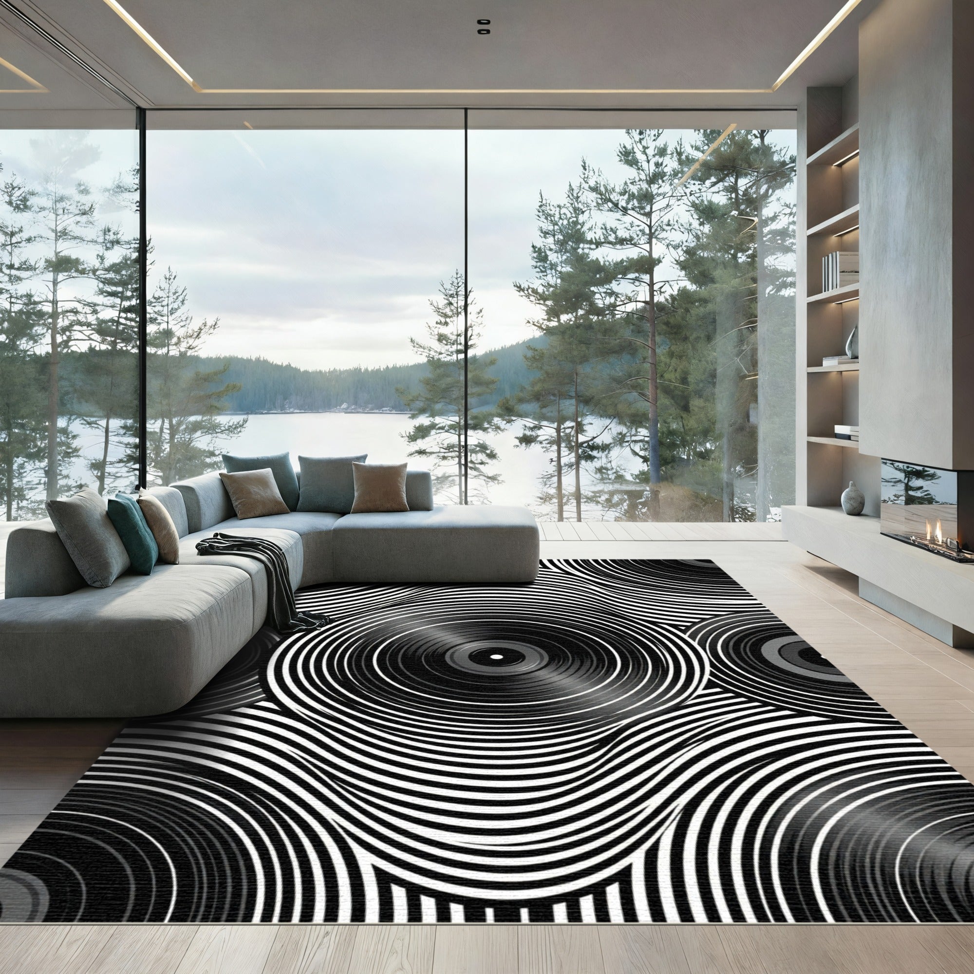 Monochrome Abstract Vinyl Record Ripple Rug