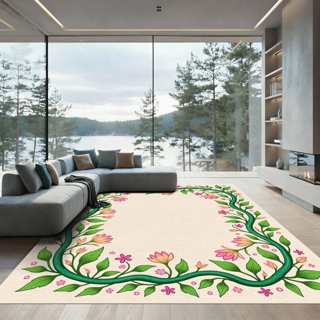 Green Vine Pink Floral Garden Border Rug