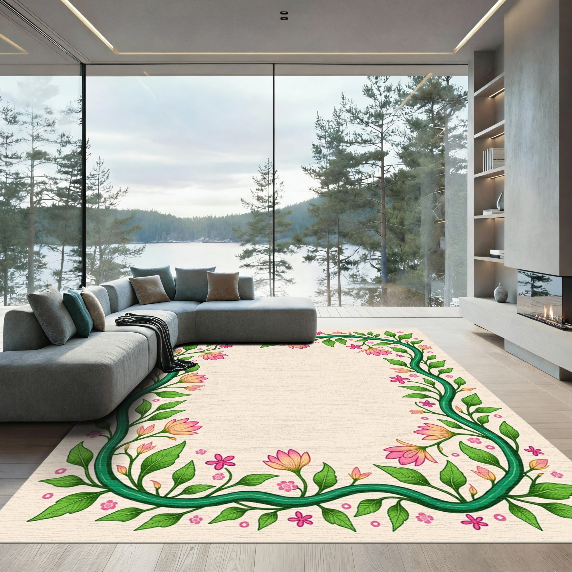 Green Vine Pink Floral Garden Border Rug