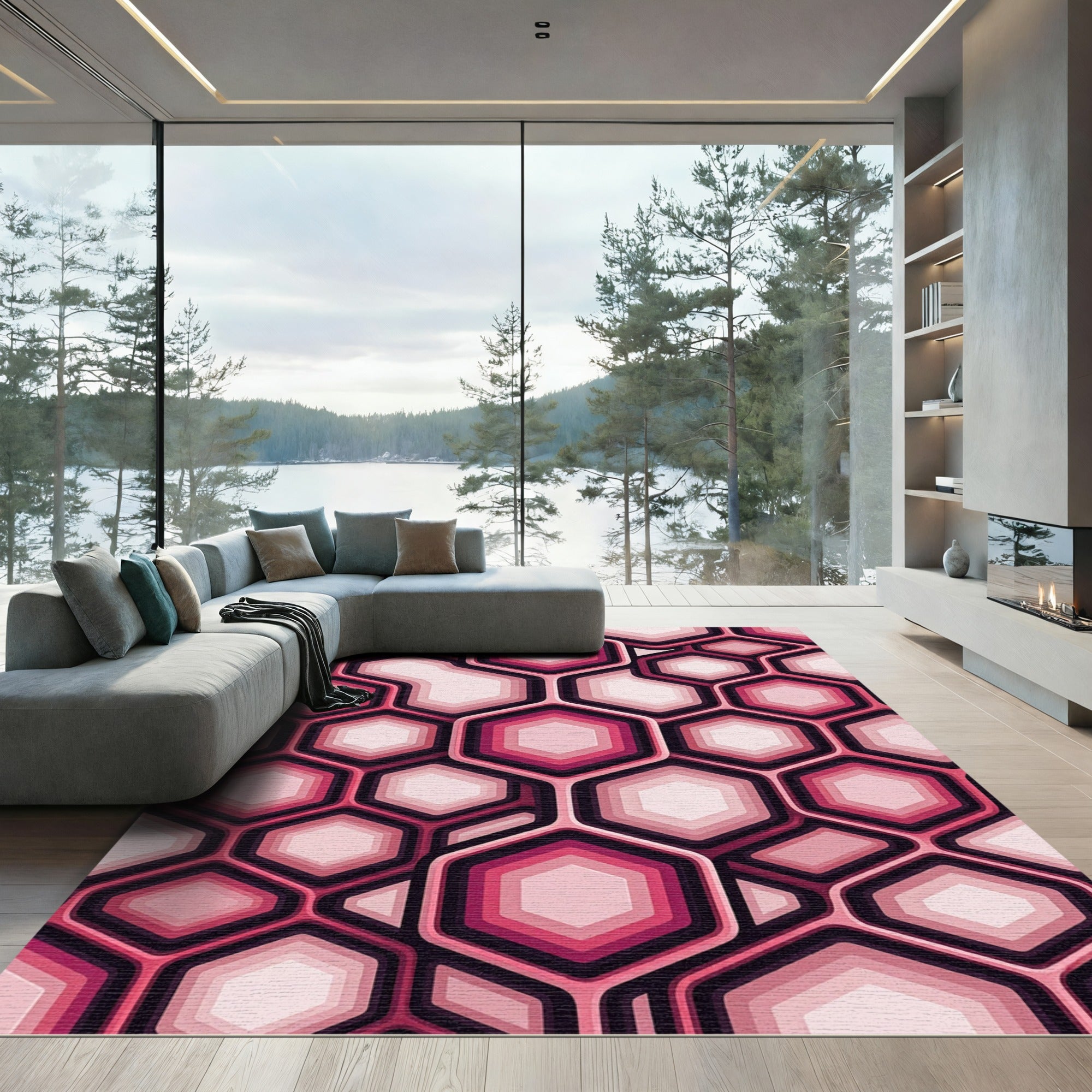 Crimson Pink Honeycomb Geometric Layers Rug