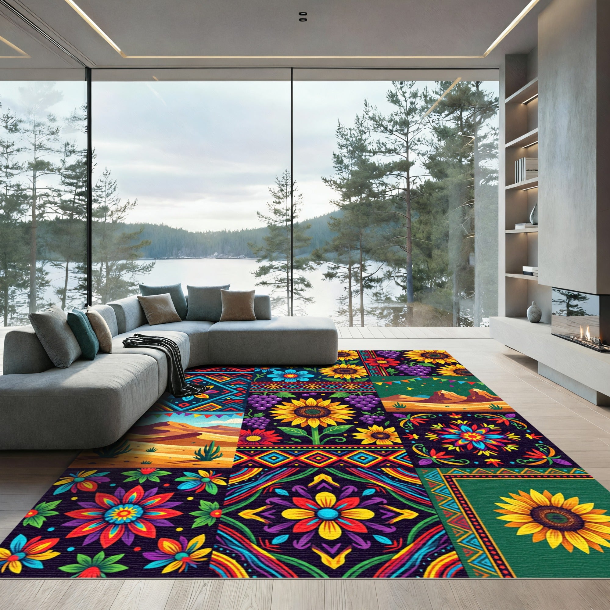 Vibrant Fiesta Floral Mosaic Rug