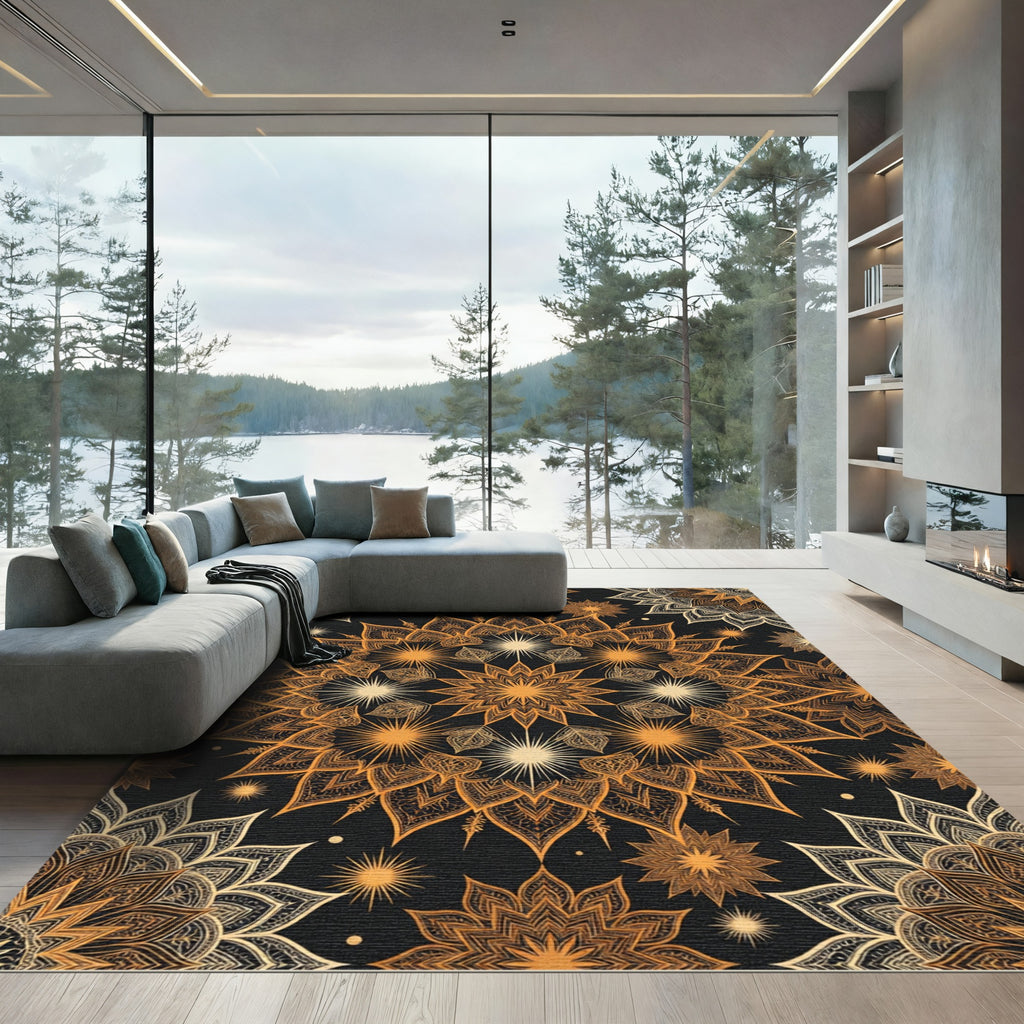 Golden Celestial Mandala Starry Night Rug