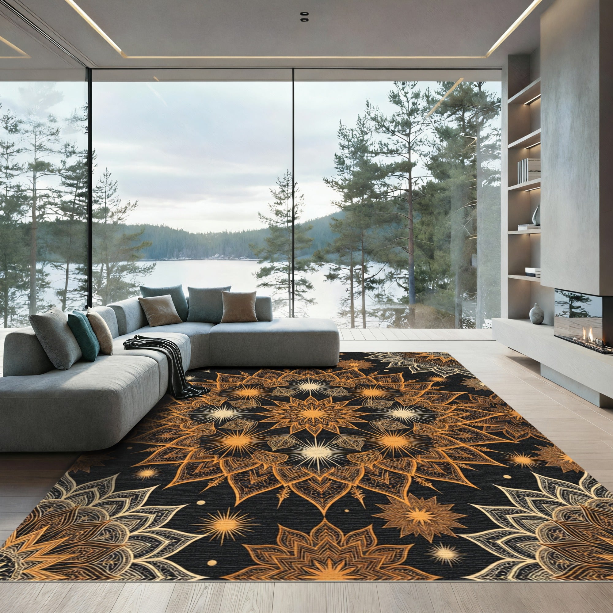 Golden Celestial Mandala Starry Night Rug