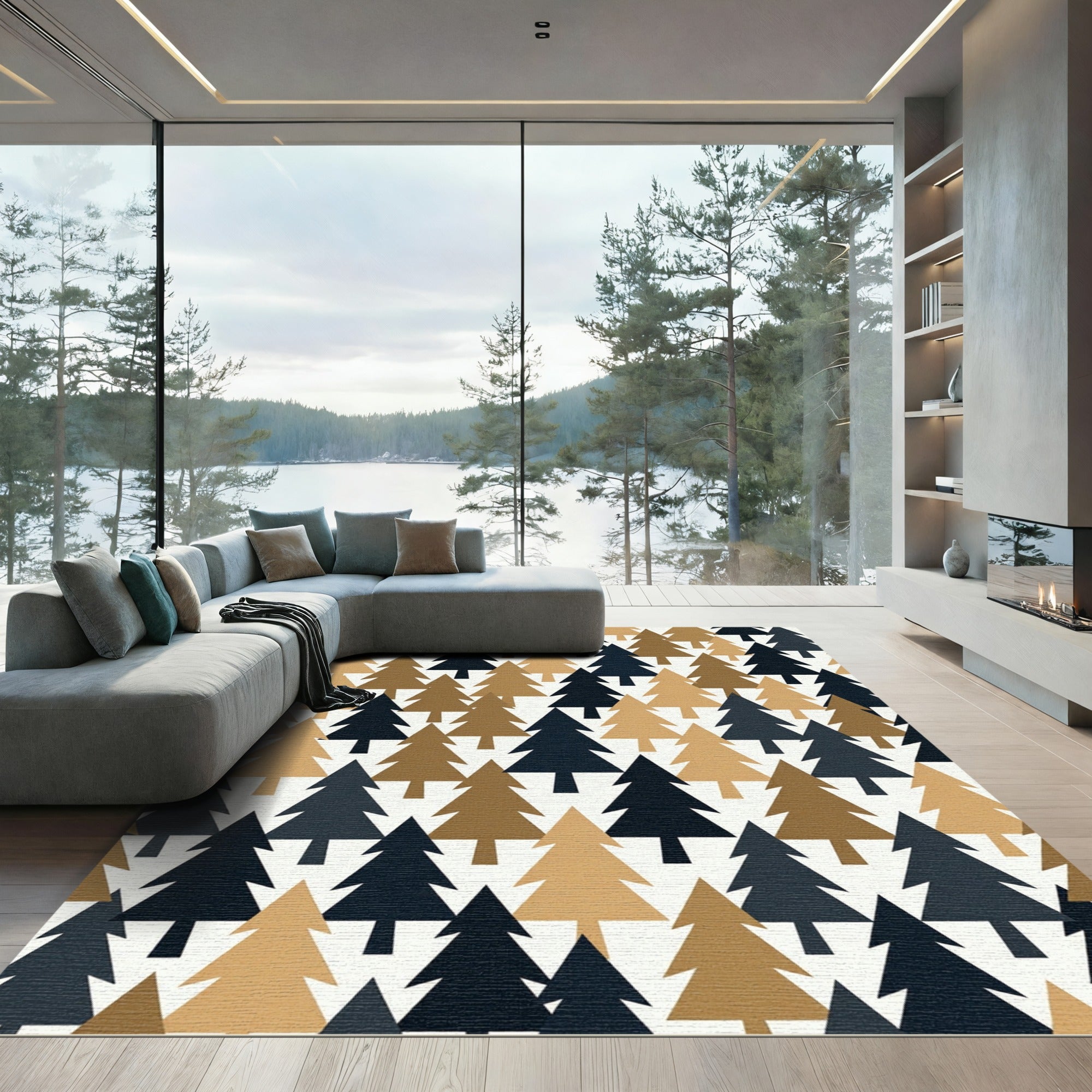Midnight and Tan Minimalist Forest Tree Rug