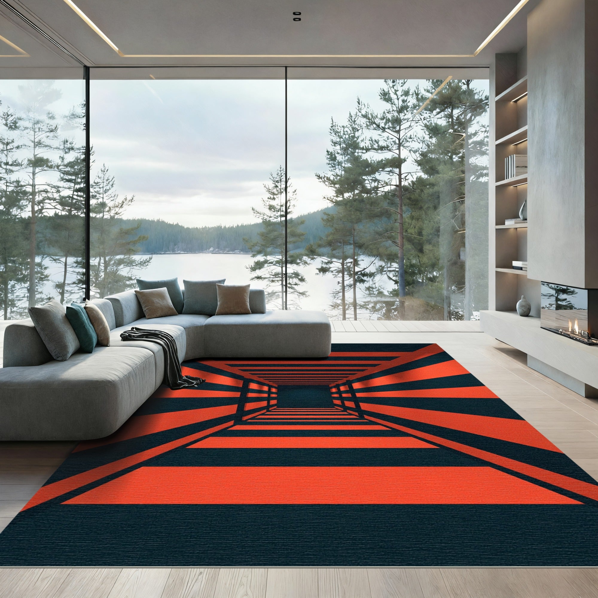 Bold Crimson and Obsidian Striped Geometric Rug