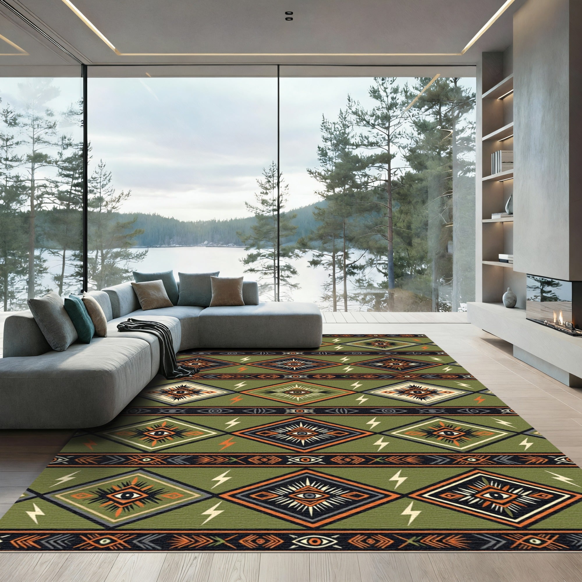 Olive Green Boho Eye Diamond Lightning Rug