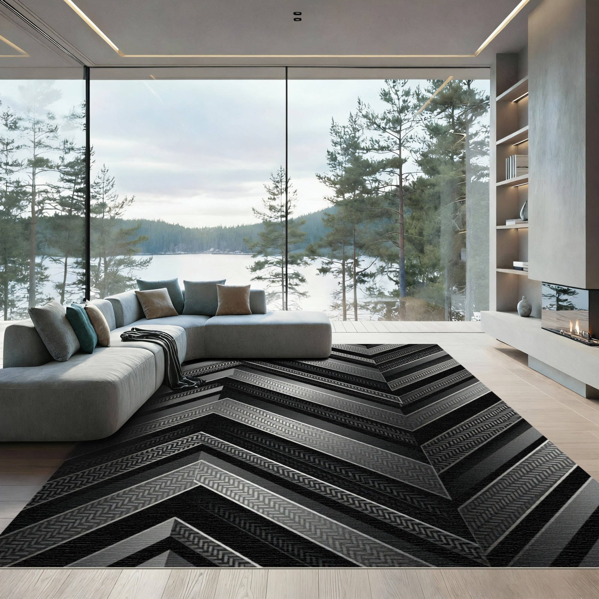 Metallic Charcoal Chevron Geometric Rug