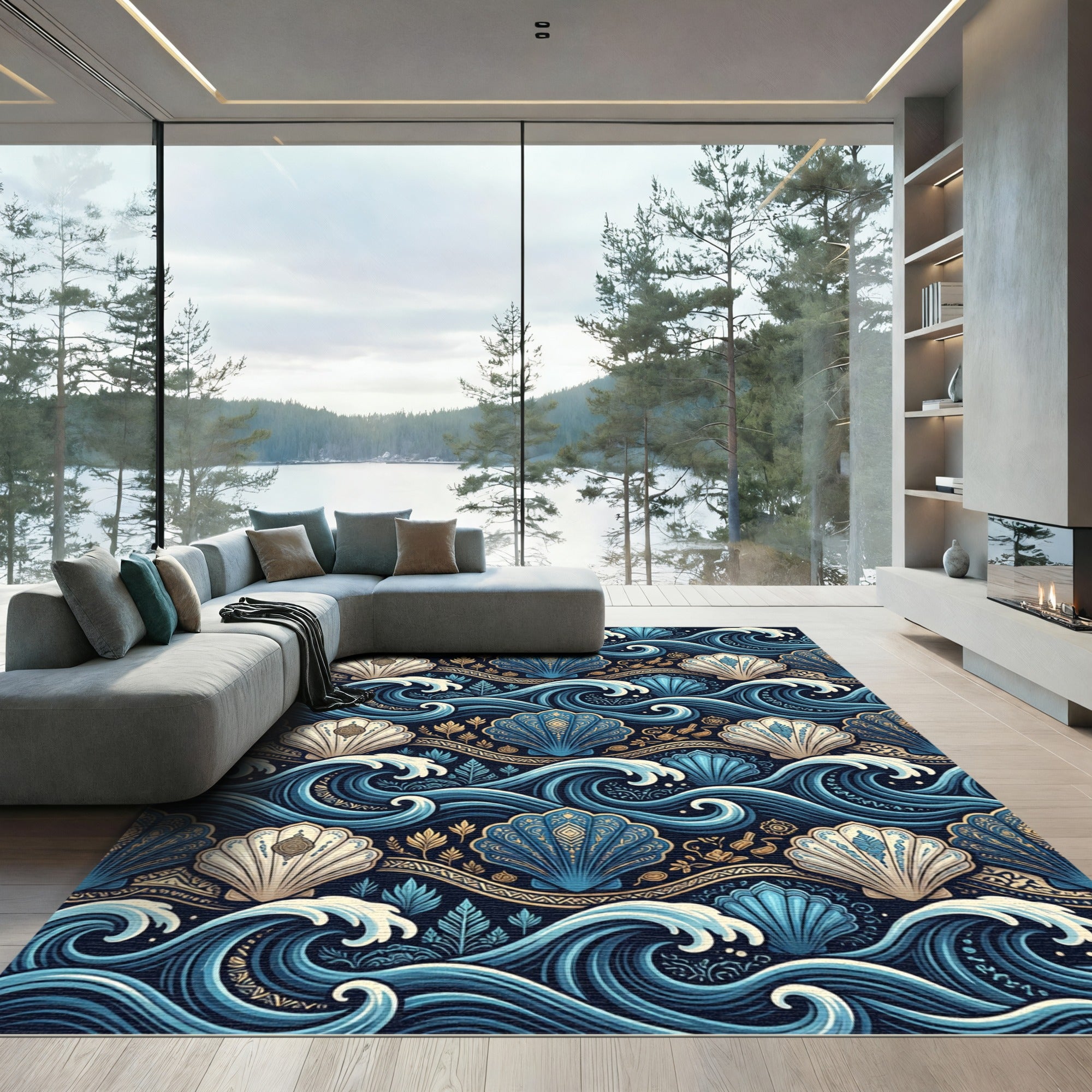 Blue Golden Seashell Wave Tapestry Rug