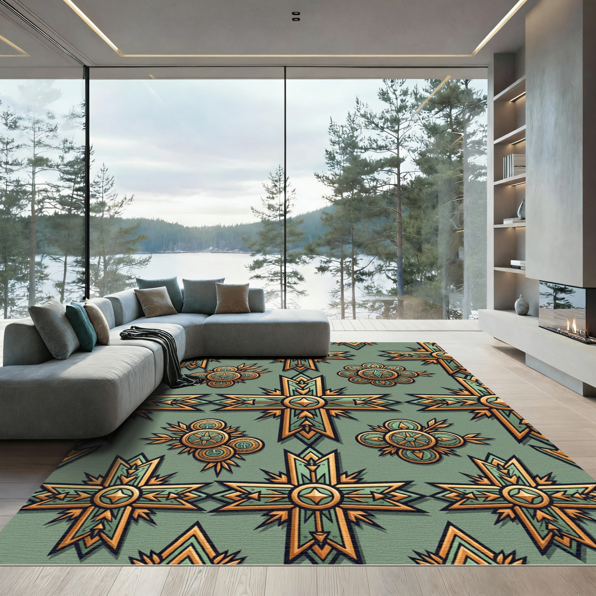 Sage Green Ornate Cross Geometric Tile Rug
