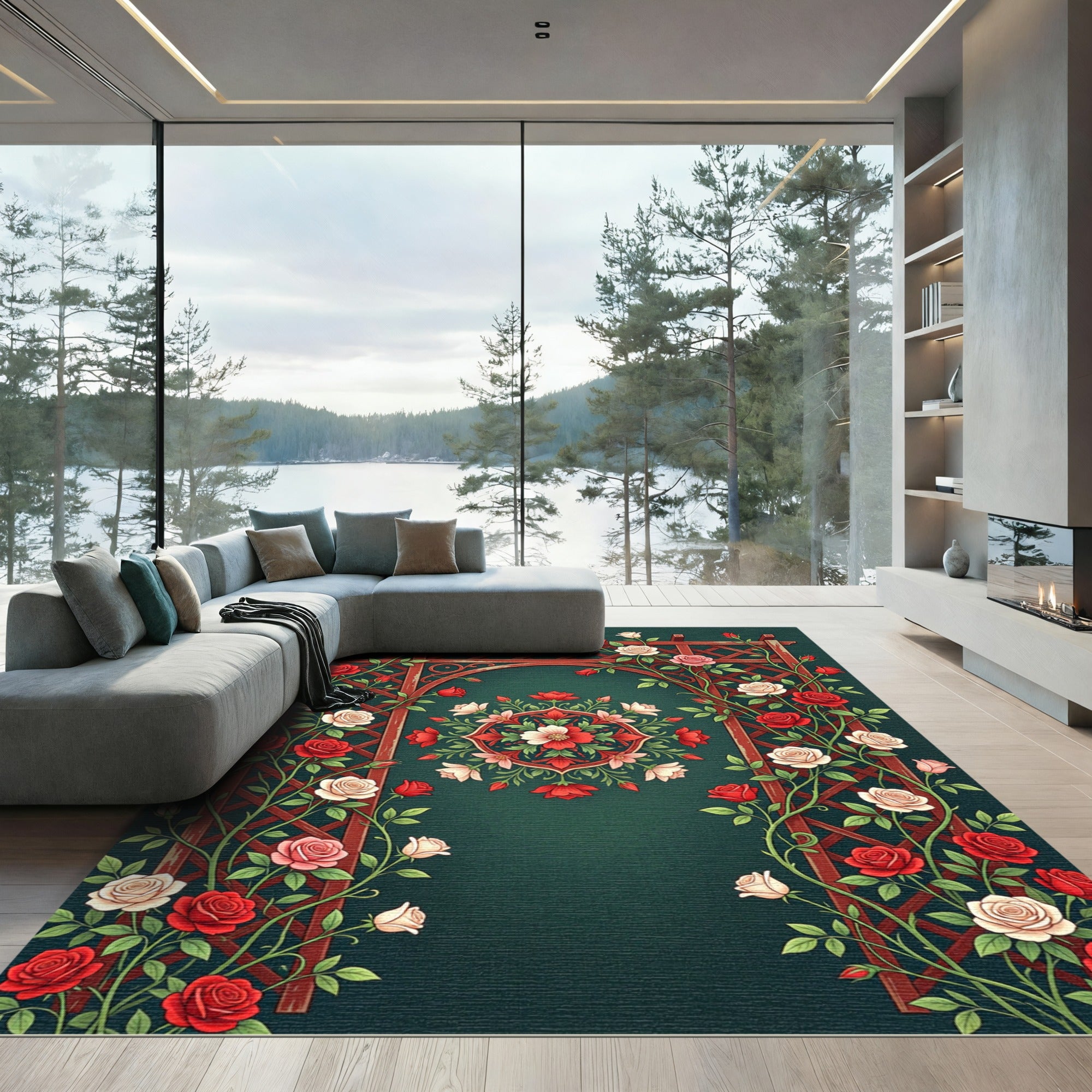 Crimson Rose Garden Floral Medallion Rug