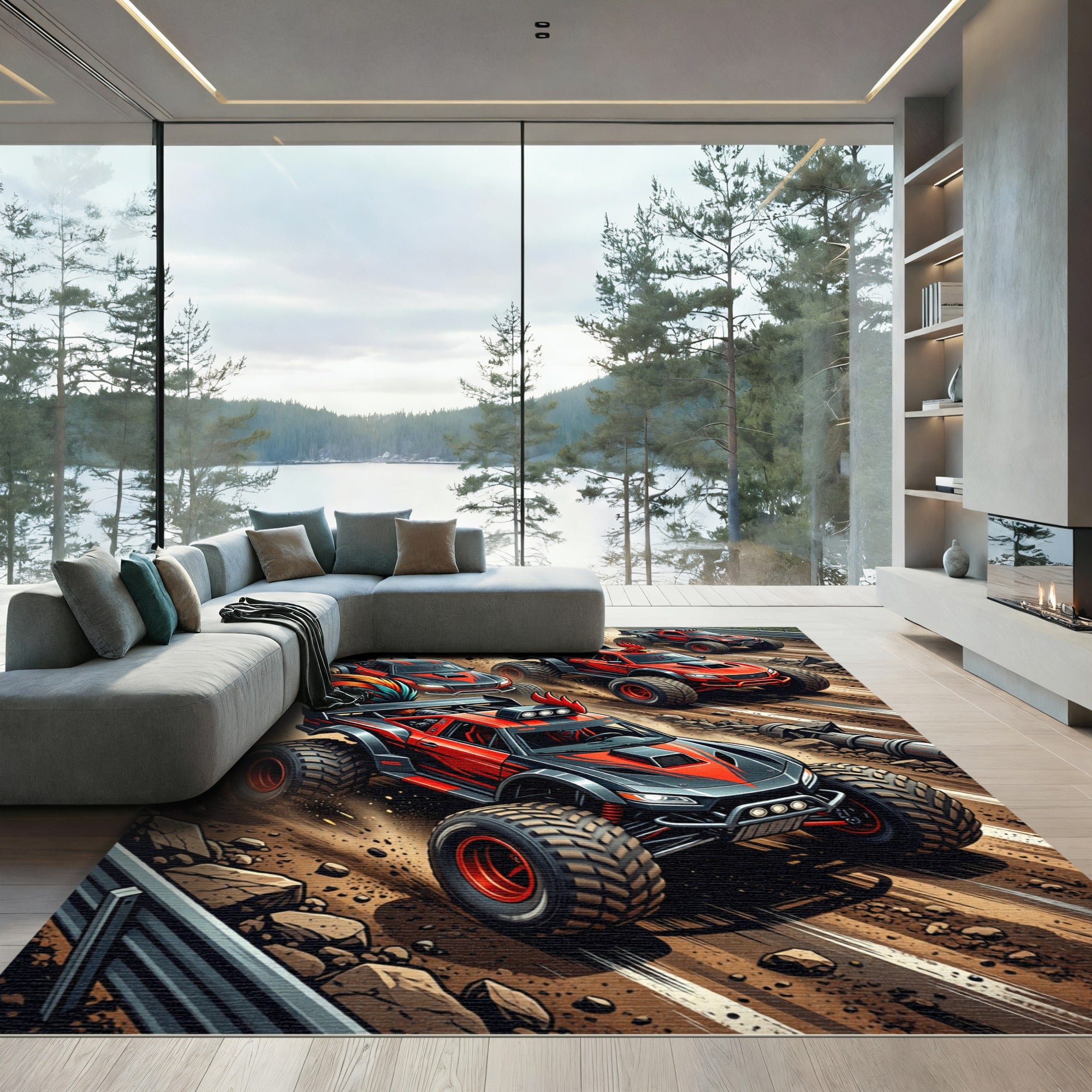 Fiery Rooster Racing Monster Truck Art Rug