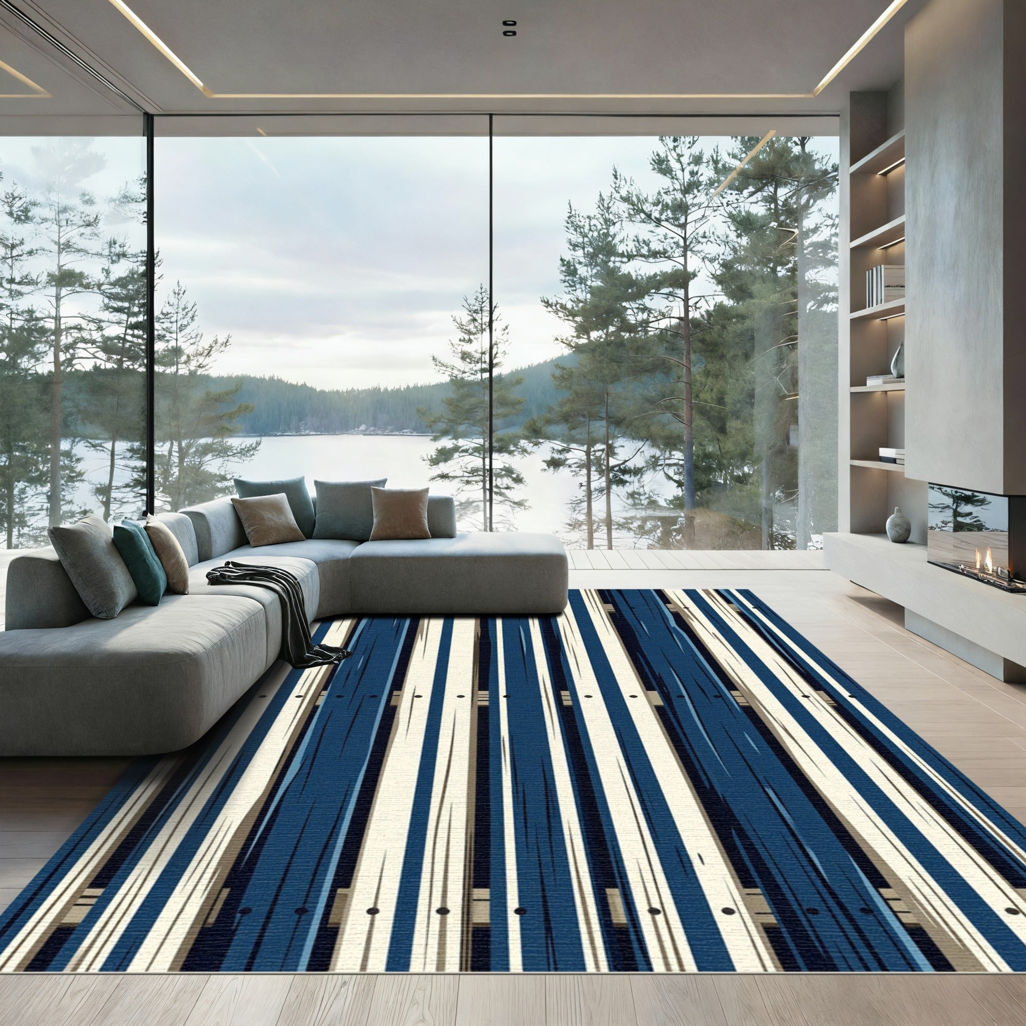 Modern Navy and Cream Vertical Plank Rug