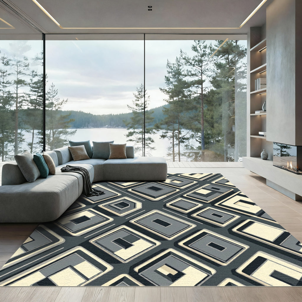 Monochrome Geometric Square Isometric Rug