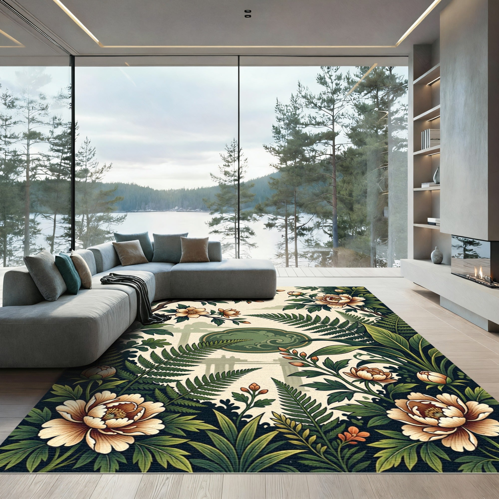Elegant Peach Blossom Fern Garden Rug