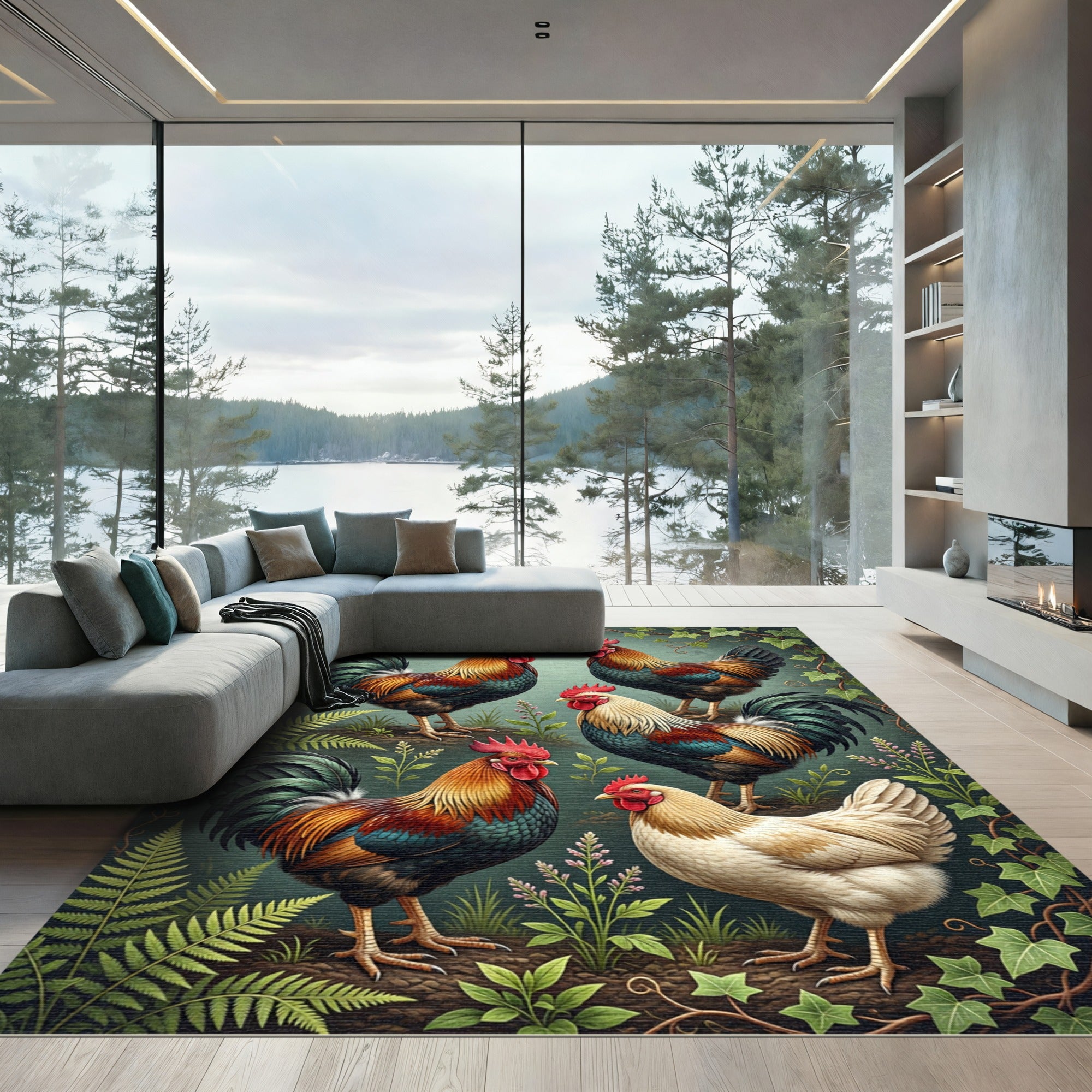 Vintage Ornate Rooster Garden Foliage Illustration Rug