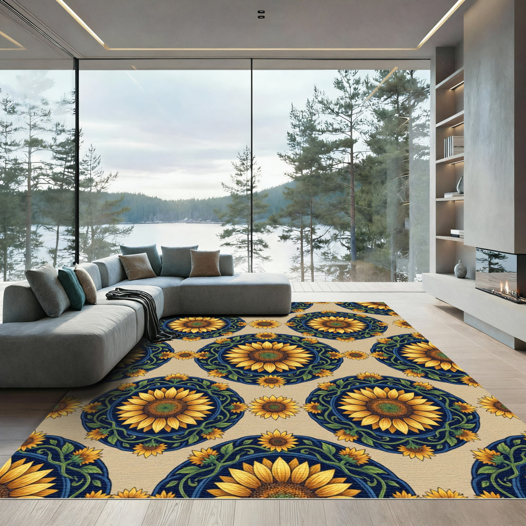 Golden Sunflower Medallion on Navy Rug
