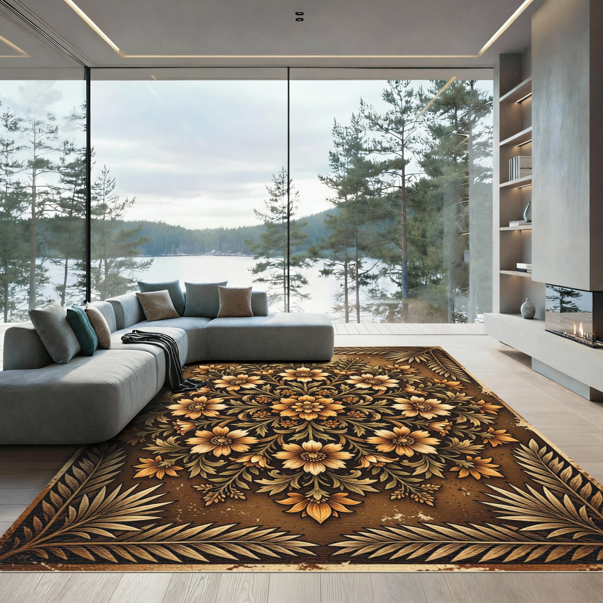 Golden Auburn Floral Medallion Rug