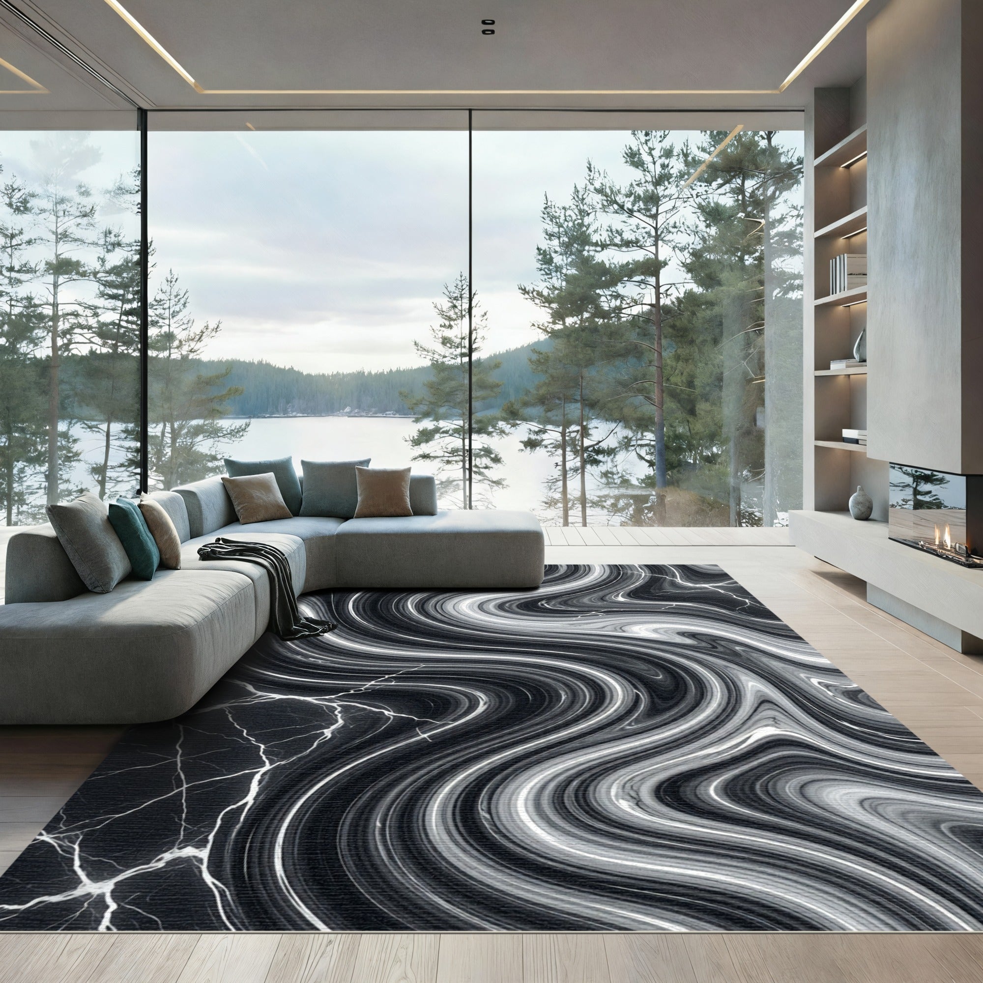 Monochromatic Black White Marble Waves Rug