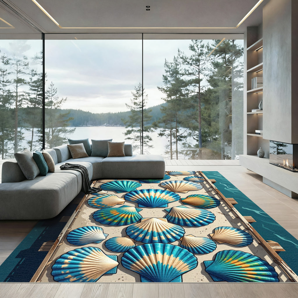 Ocean Blue Seashell Peacock Arrangement Rug