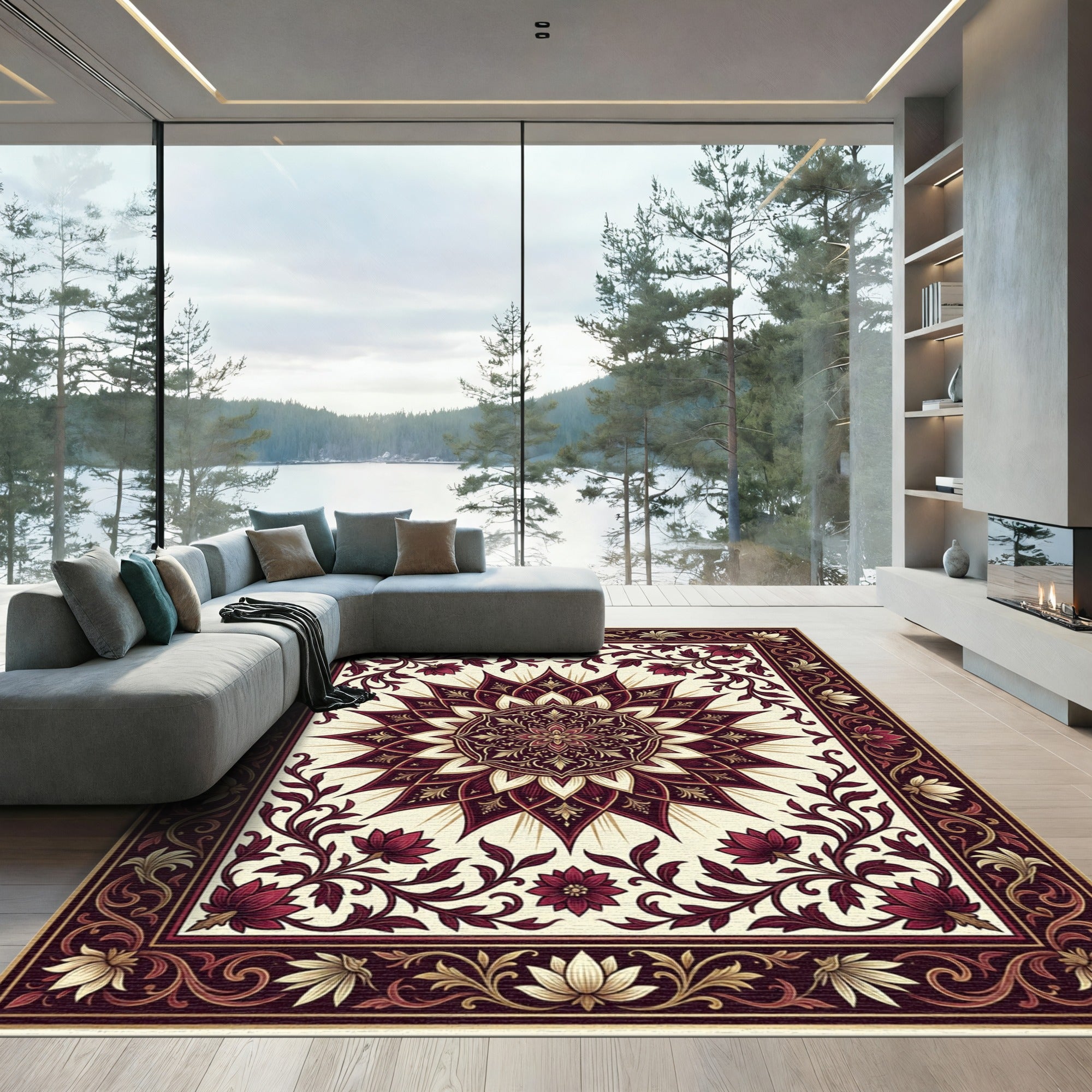 Burgundy Cream Floral Sun Medallion Rug